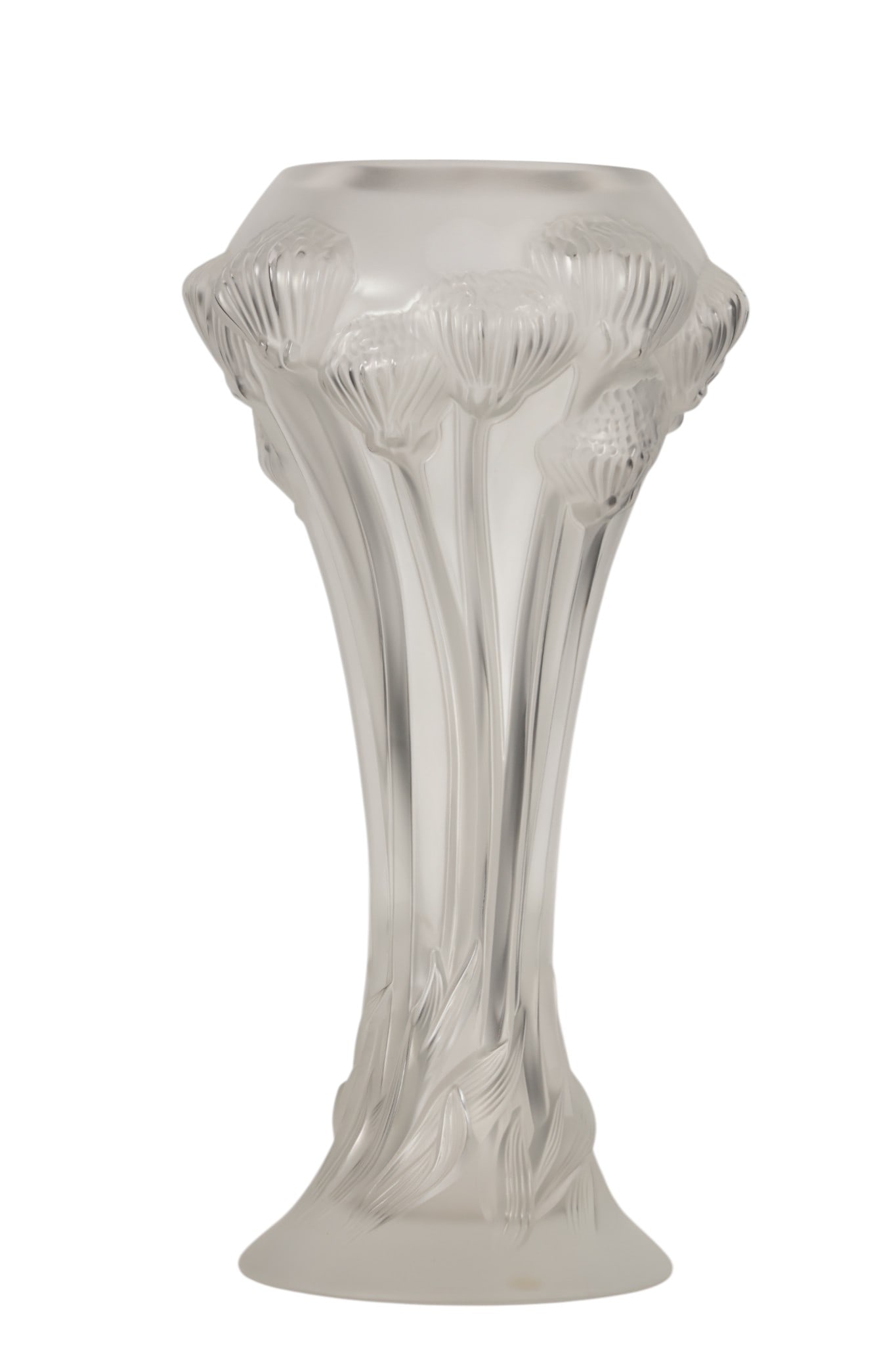 Lalique French Crystal Button Rose Relief Vase: Lalique France, a clear and frosted crystal vase in the Button Rose pattern with molded floral stems and blossoms in vertical relief. The vase features a flared rim and circular foot, retains the orig