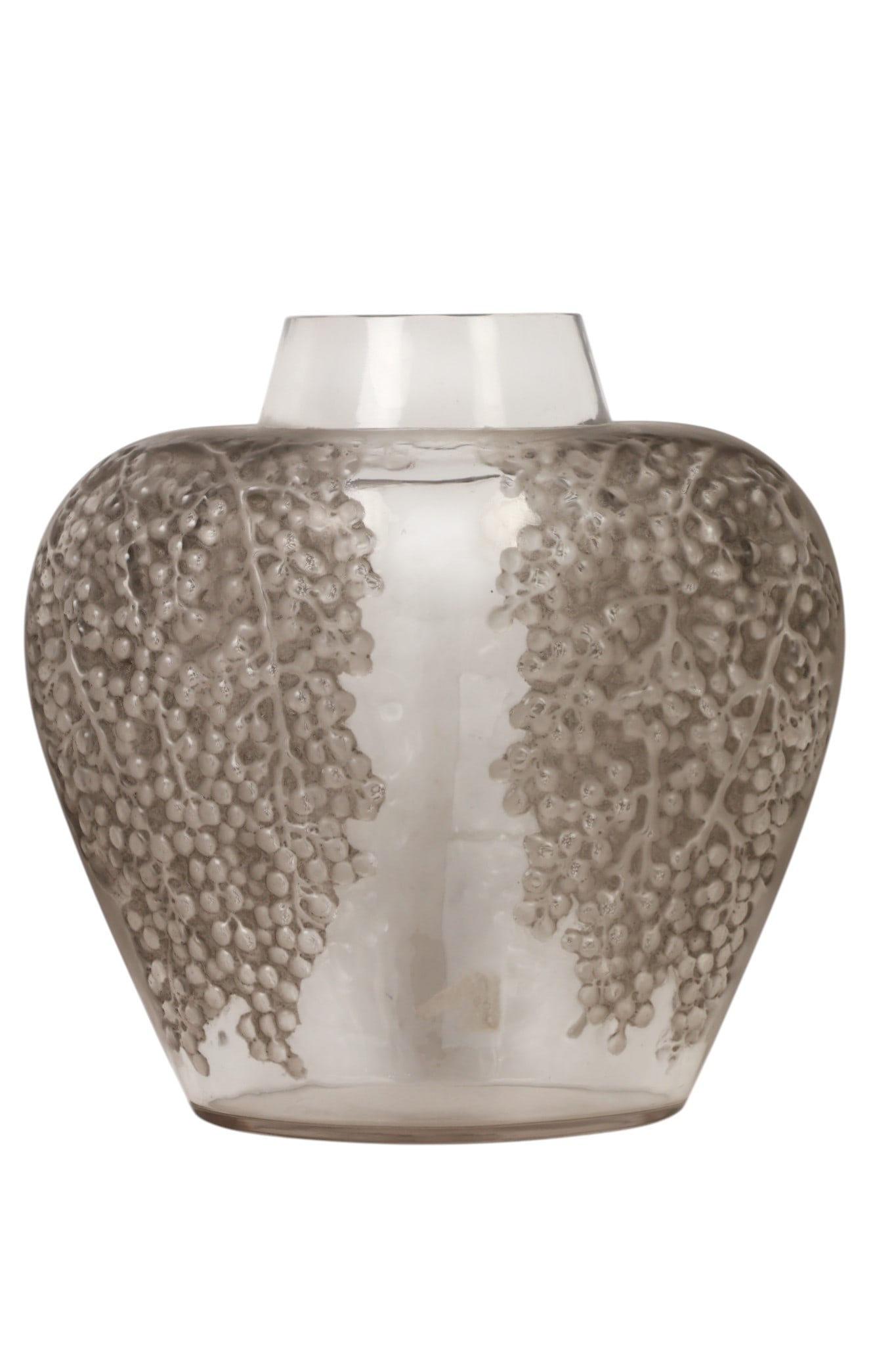 Rene Lalique French Art Nouveau Glass Poivre Vase: Rene Lalique, a Poivre vase in clear and frosted glass with a grey toned finish featuring relief decoration of clustered berries cascading down the body. The vase has a cylindrical neck over a rounded