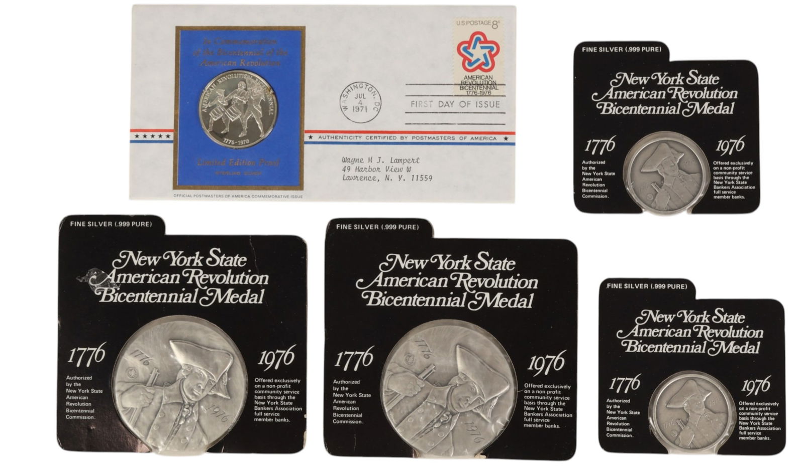 NY State evolution Bicentennial Silver Medals 5pc: New York State American Revolution Bicentennial Commission, a five piece lot including four New York State American Revolution Bicentennial medals dated 1776-1976 struck in .999 fine silver, and one l