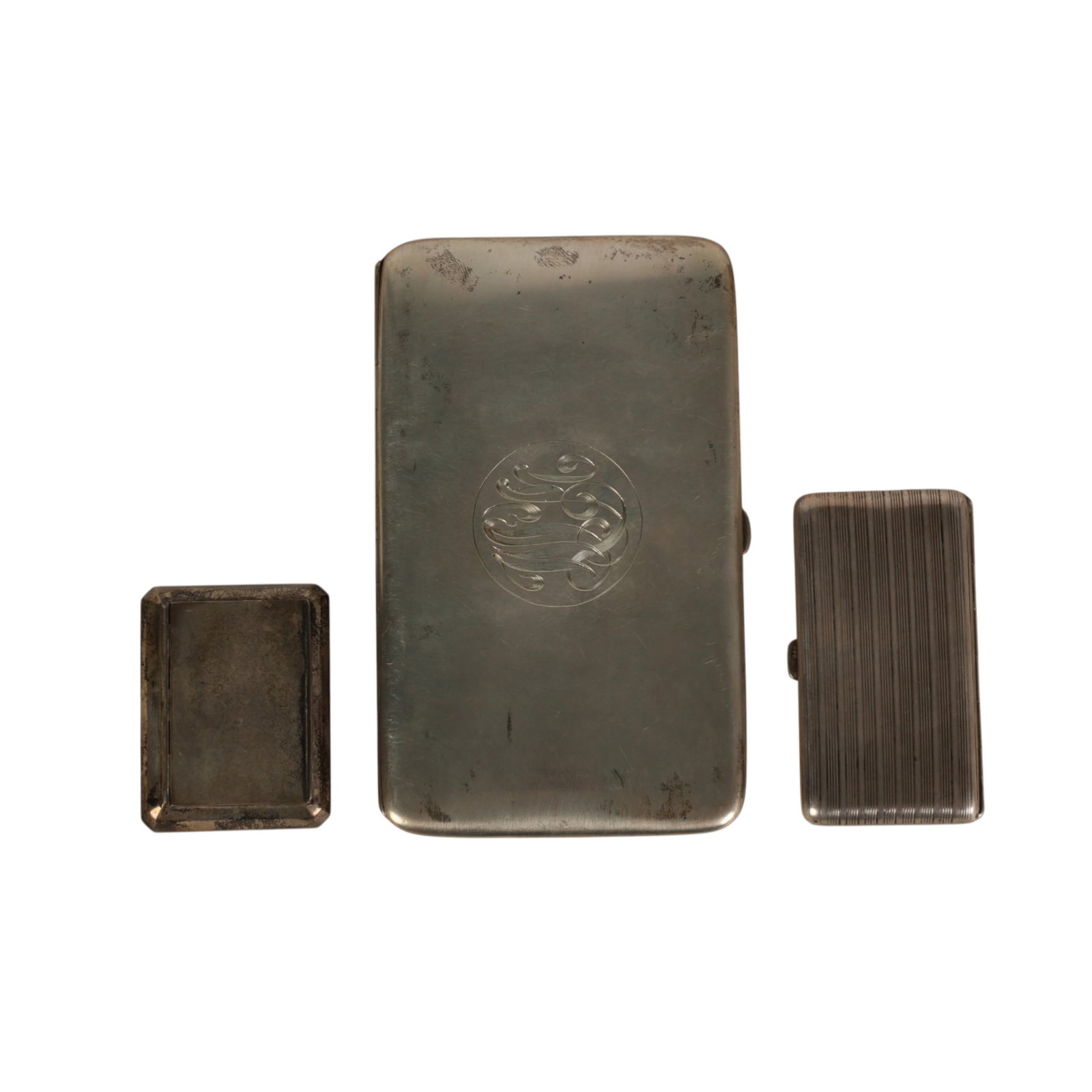 Antique Sterling Cigarette Cases & 800 Box 3pc LOT: Sterling silver and German 800 silver, a three piece lot including a large rectangular sterling silver case with engraved monogram to lid and gilt interior bearing English sterling hallmarks, a smalle