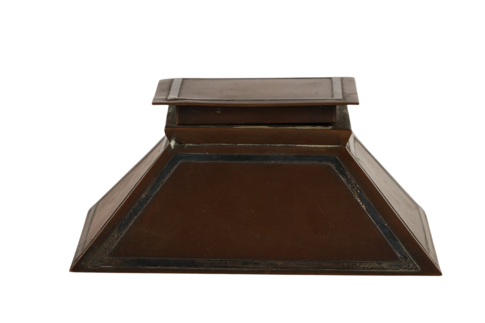 Heintz Sterling on Bronze Arts Crafts Desk Inkwell: Heintz Art Metal Shop, an early 20th century square form bronze desk inkwell with sterling silver overlay, model number 1034. The inkwell is designed with a hinged lid and tapered base, exhibiting the