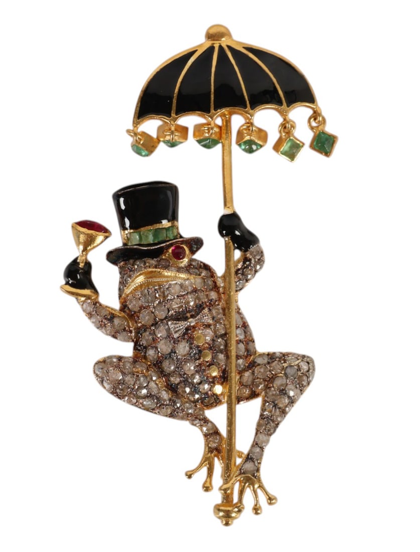 Gold Vermeil Diamond Emerald Frog w/ Umbrella Pin: Sterling Silver 925, a gold vermeil figural brooch pin depicting a whimsical standing frog holding a chalice goblet in one hand and a parasol in the other. The figure is set with approximately 2 carat
