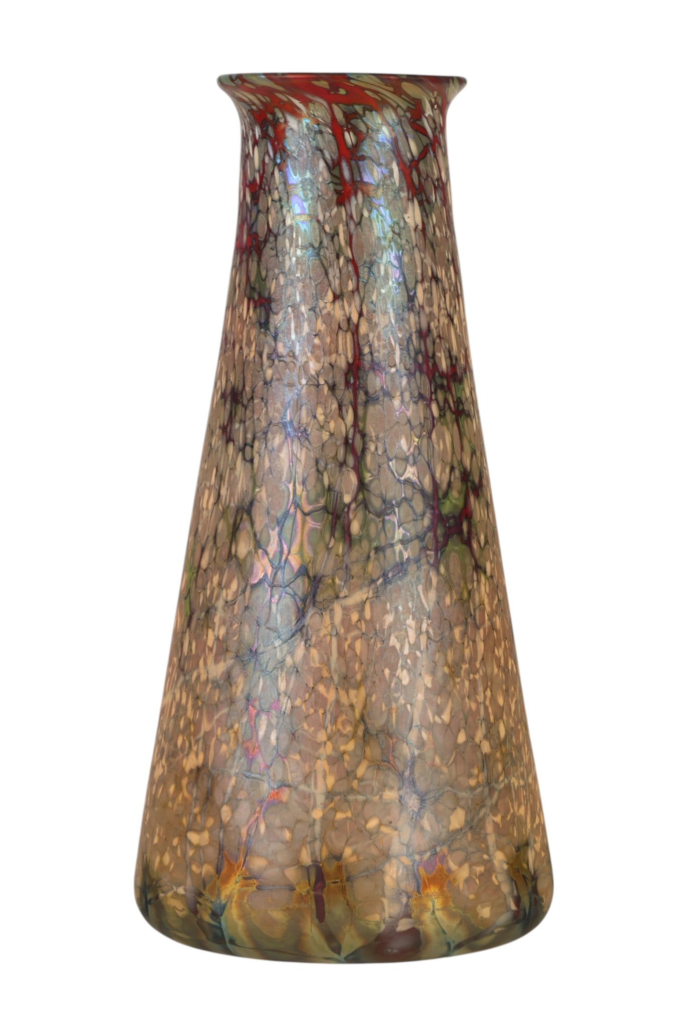 Favrile Cypriot Style Studio Art Glass Vase SIGNED: Tiffany style Favrile, a Cypriot style studio art glass vase executed in iridescent art glass with a tapering cylindrical form and flared rim. The surface displays a mottled ground in red and dark ton