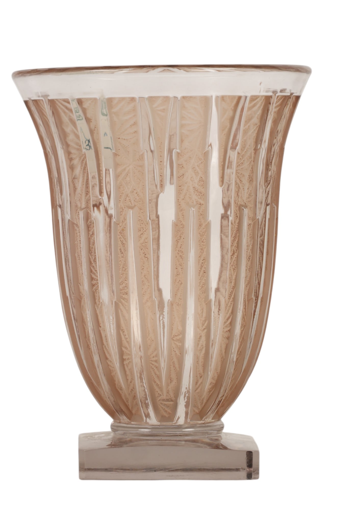 Verlys French Art Deco Glass Frosted Lance Vase: Verlys France, a Lance vase executed in molded frosted and clear art glass in an Art Deco design with a flared rim, tapering body, and square footed base. The exterior displays alternating vertical cl