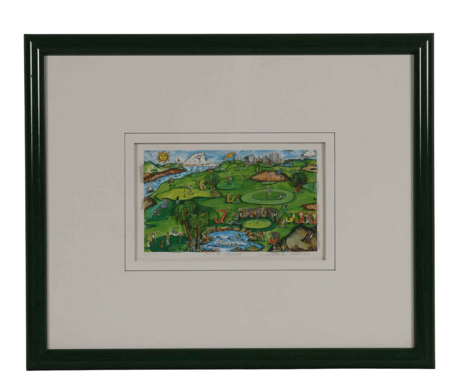 Charles Fazzino b.1955 On The Green Pop Art Print: Charles Fazzino (American, born 1955), On The Green, a limited edition three dimensional pop art print depicting a lively golf course scene with figures, golf carts, water features, and surrounding bu