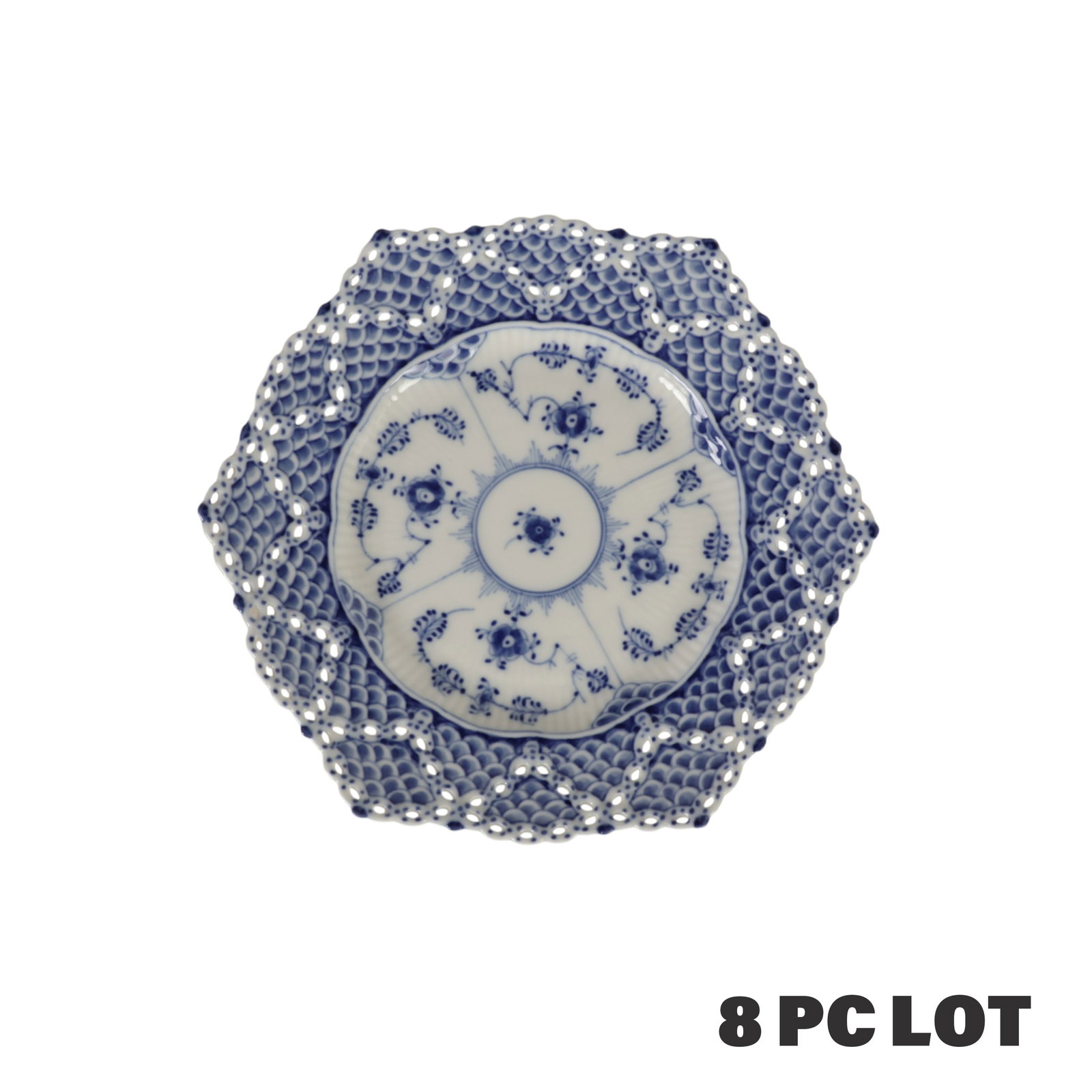 Royal Copenhagen Blue Fluted Full Lace Plates 8pc: Royal Copenhagen Denmark, a set of eight Danish porcelain Blue Fluted Full Lace No Trim pierced plates. The decoration is characterized by a hand painted cobalt blue floral motif, pierced cut out lace