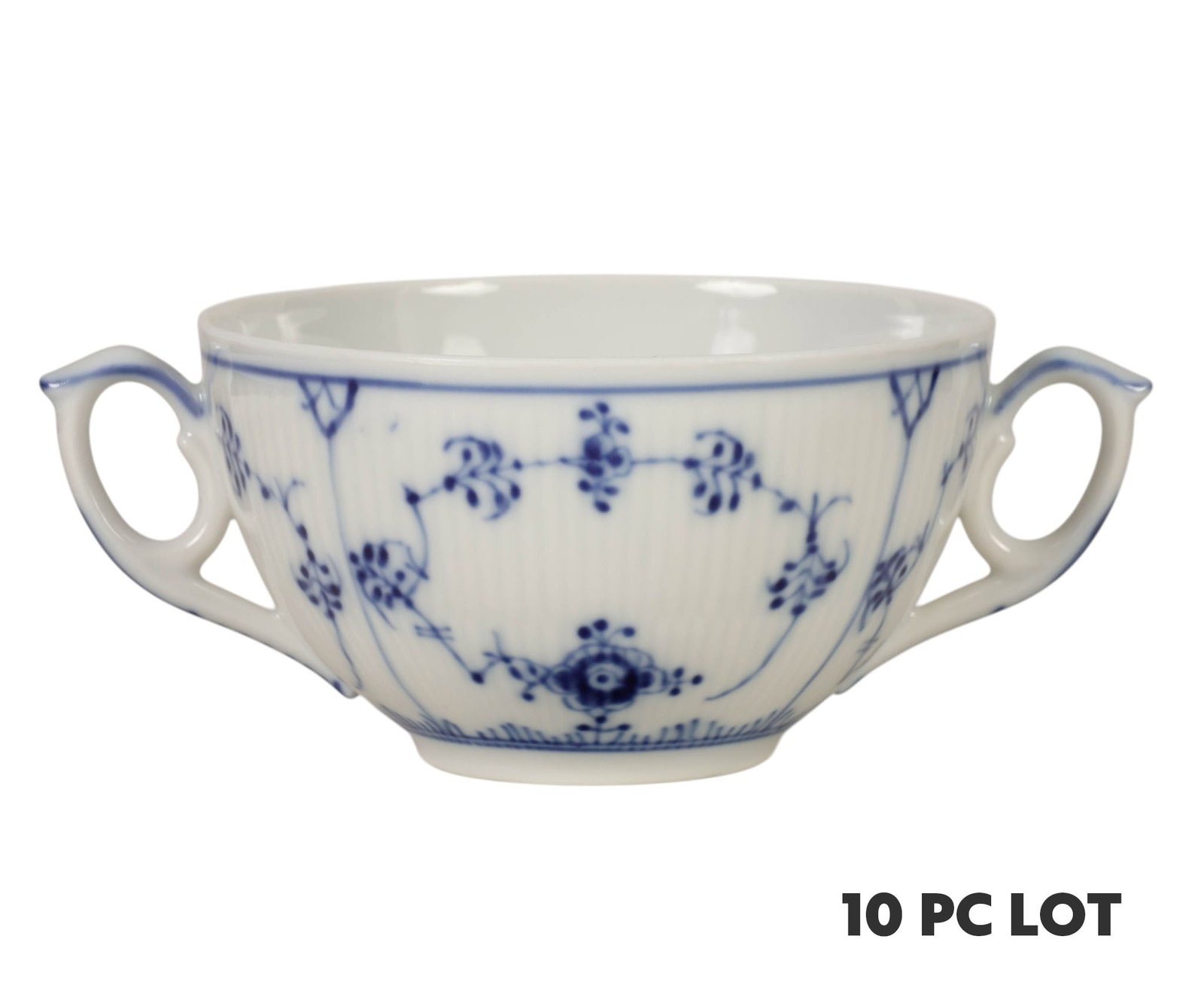 Royal Copenhagen Blue Fluted Plain Soup Bowls 10pc: Royal Copenhagen Denmark, a group of six Blue Fluted Plain No Lace Trim bouillon cream soup bowls along with four in the Blue Fluted Half Lace pattern, total of ten items. The decoration is characteri