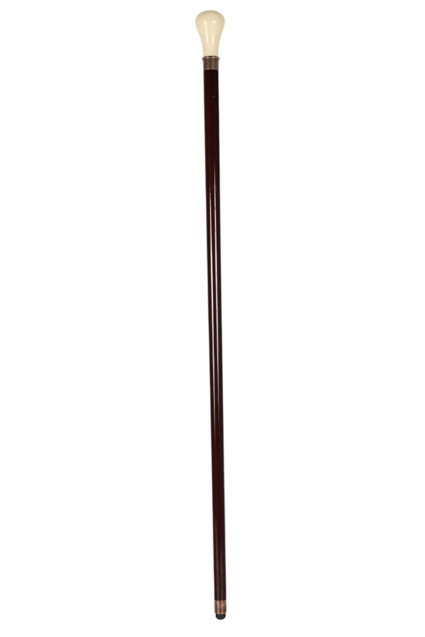 Gentleman Wood Walking Stick w/ Silverplate Collar: Gentleman Walking Stick Wooden Cane, featuring a dark tone shaft with a contrasting light tone handle and a silver plated metal collar. The handle is formed with a tapered grip displaying a lined patt