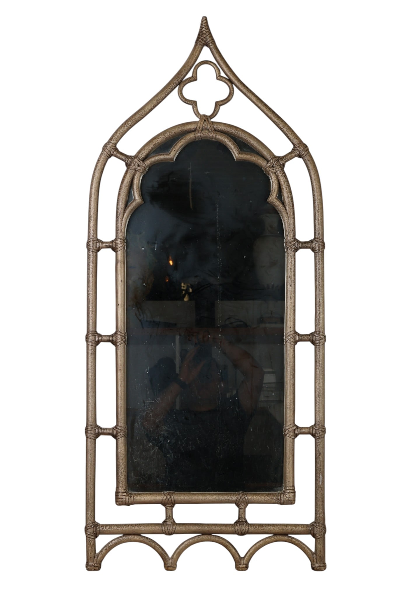 Vintage McGuire of San Francisco Gothic Mirror: McGuire of San Francisco, a vintage rattan and leather mirror with arched form and gothic style frame finished in grey silver crackle. Rare example retaining original McGuire of San Francisco paper la
