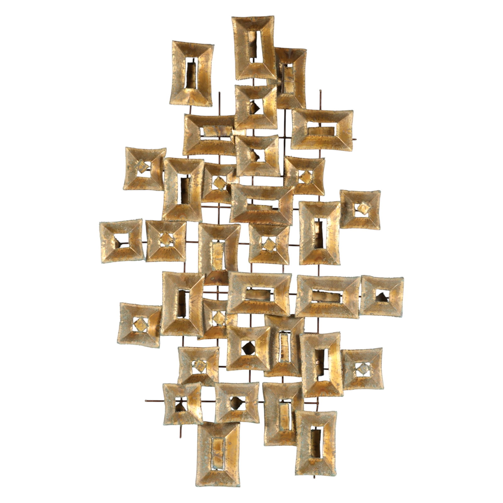 MCM Artisan Mixed Metal Geometric Wall Sculpture: Mid Century Modern metal wall sculpture featuring welded Brutalist geometric open square forms arranged in a layered grid composition. The work has a gilt-tone surface with a textured finish and is mo