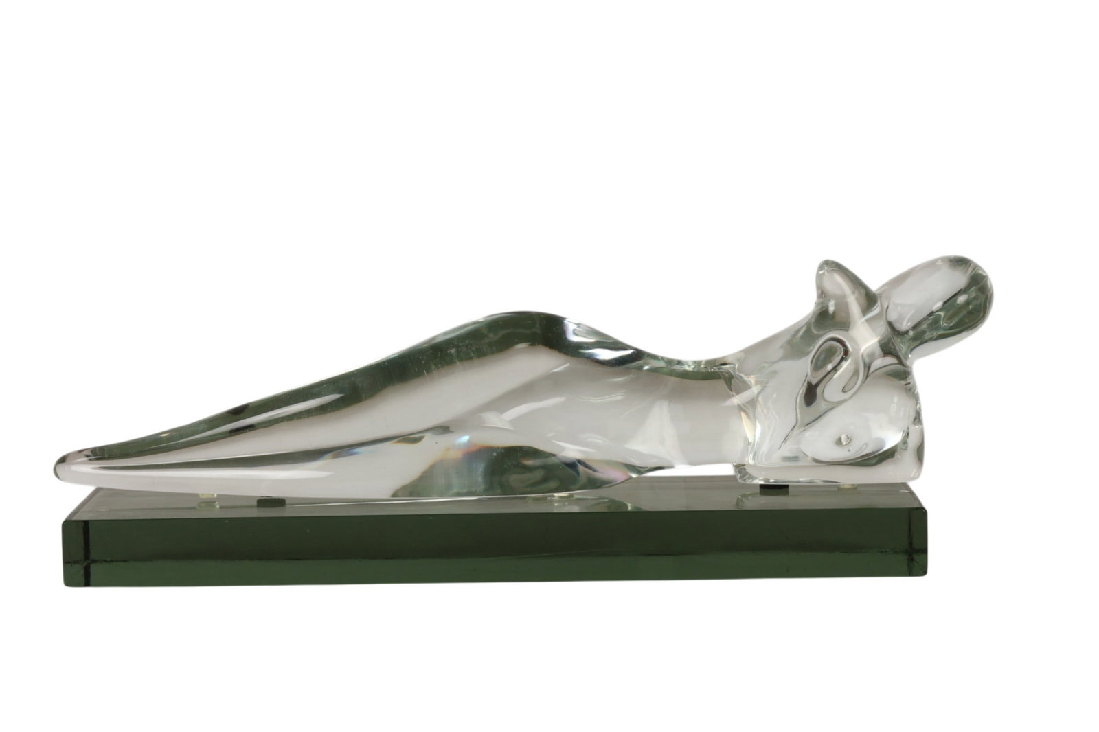 Bruno Gatto Murano Nude Woman Sculpture SIGNED: Salviati Venice Bruno Gatto, a Murano Italian studio hand blown art glass figural sculpture depicting a reclining nude woman with head resting on one arm, raised on a rectangular glass base. Engraved