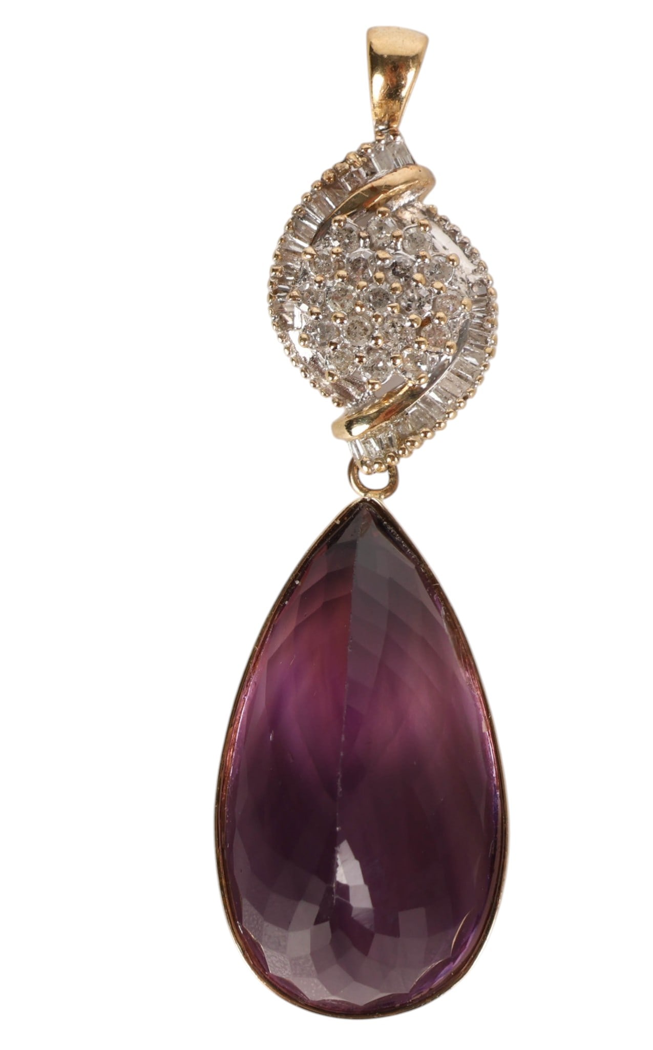 14K Gold Amethyst & Diamond Drop Necklace Pendant: Faceted pear-shaped amethyst pendant set in a 14K yellow gold bezel mount, suspended below a diamond cluster top composed of round and baguette-cut stones arranged in a swirl form and finished with a