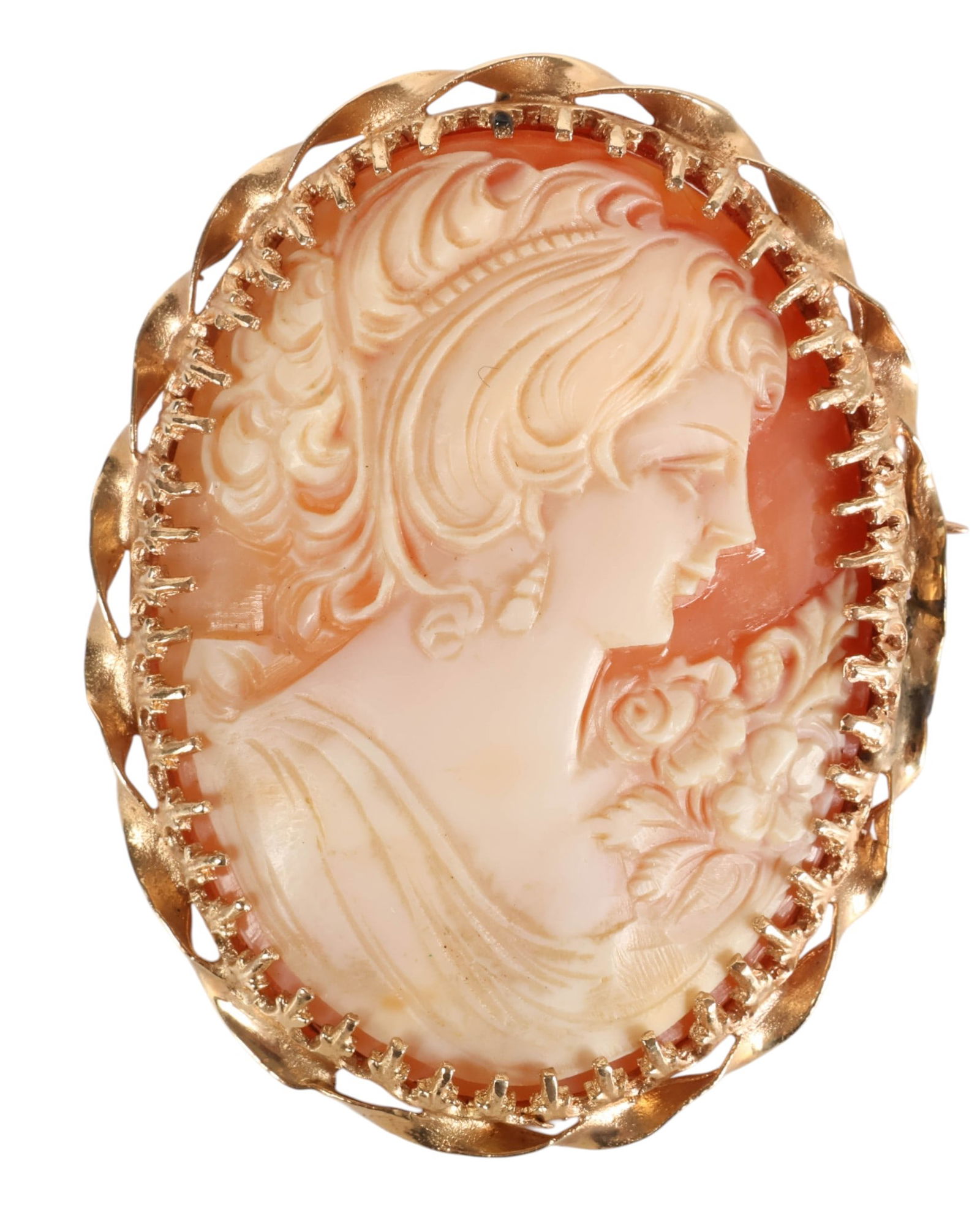 14k Gold Yellow Gold Framed Carved Cameo Brooch: 14k yellow gold, an antique cameo brooch and pendant featuring an oval carved shell cameo depicting a classical female profile with flowing hair and floral adornment. The finely detailed cameo is set