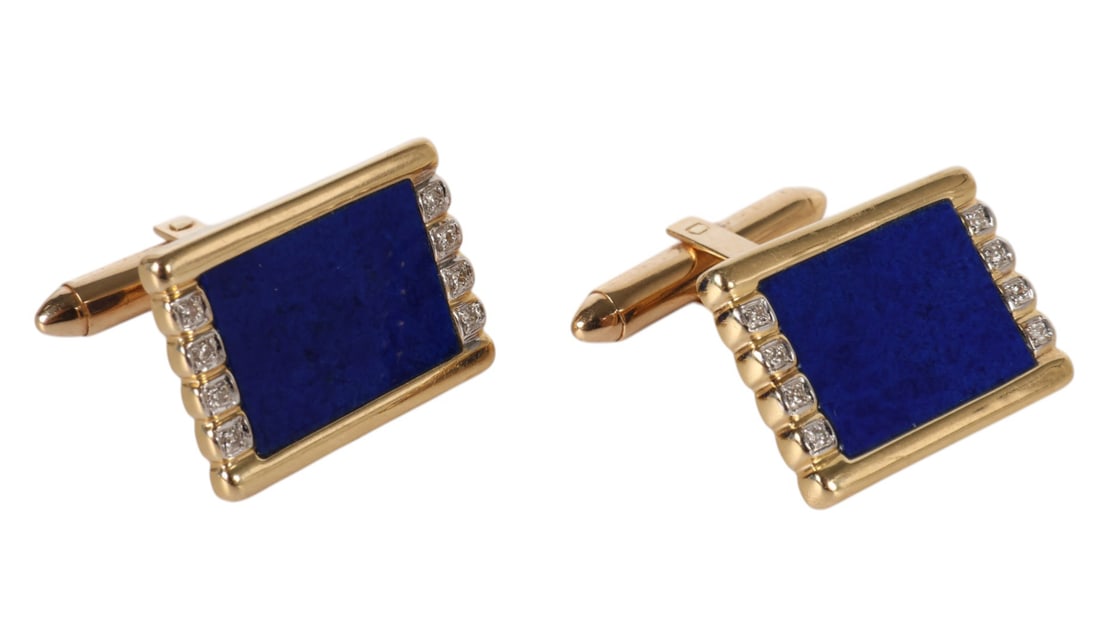 14k Gold Lapis Lazuli & Diamond Cufflinks 10g.: 14K yellow gold, a pair of cufflinks each set with a rectangular lapis lazuli panel measuring approximately 15 x 10 mm. The lapis is framed in yellow gold and accented on each side with small round cu