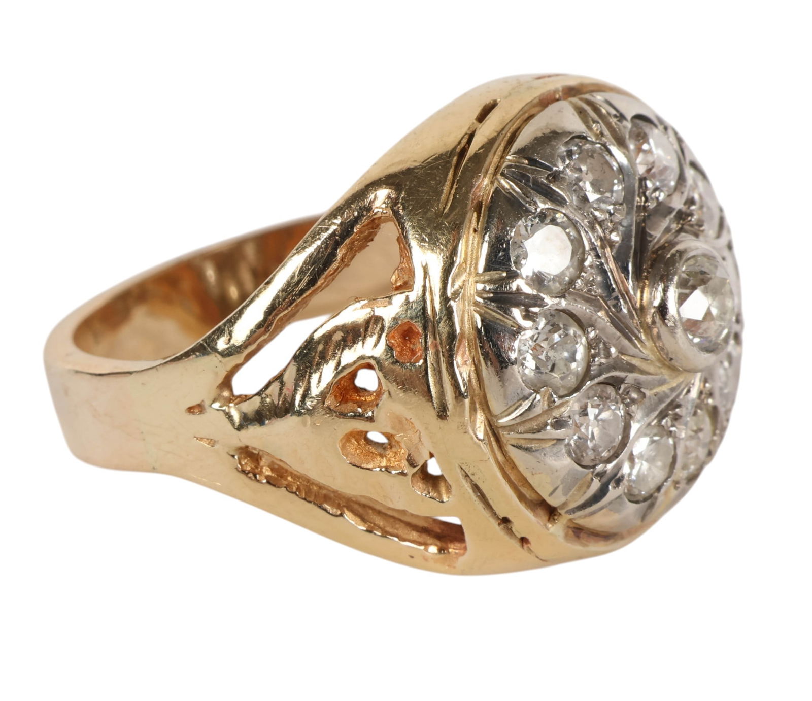 14k Gold Multi Diamond Ring 10 Grams Size 8.5: 14k gold diamond ring set with old mine cut stones totaling approximately 0.8 carats, featuring one center diamond surrounded by ten additional diamonds in a cluster setting. Interior of band marked 1