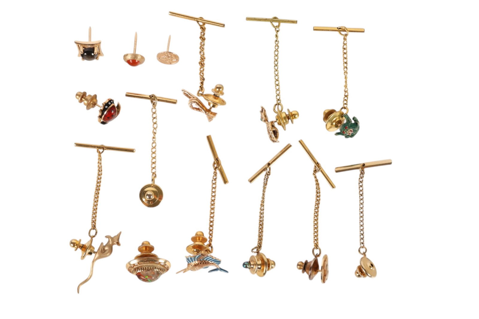14k Gold Enamel & Gemstone Vintage Tie Tacks 12pc: 14K gold, a collection of 12 vintage tie tacks including figural and novelty designs such as swordfish, snake, frog with crown, ladybug, coin motif, monogram, hand, mouse, and gemstone set forms inclu