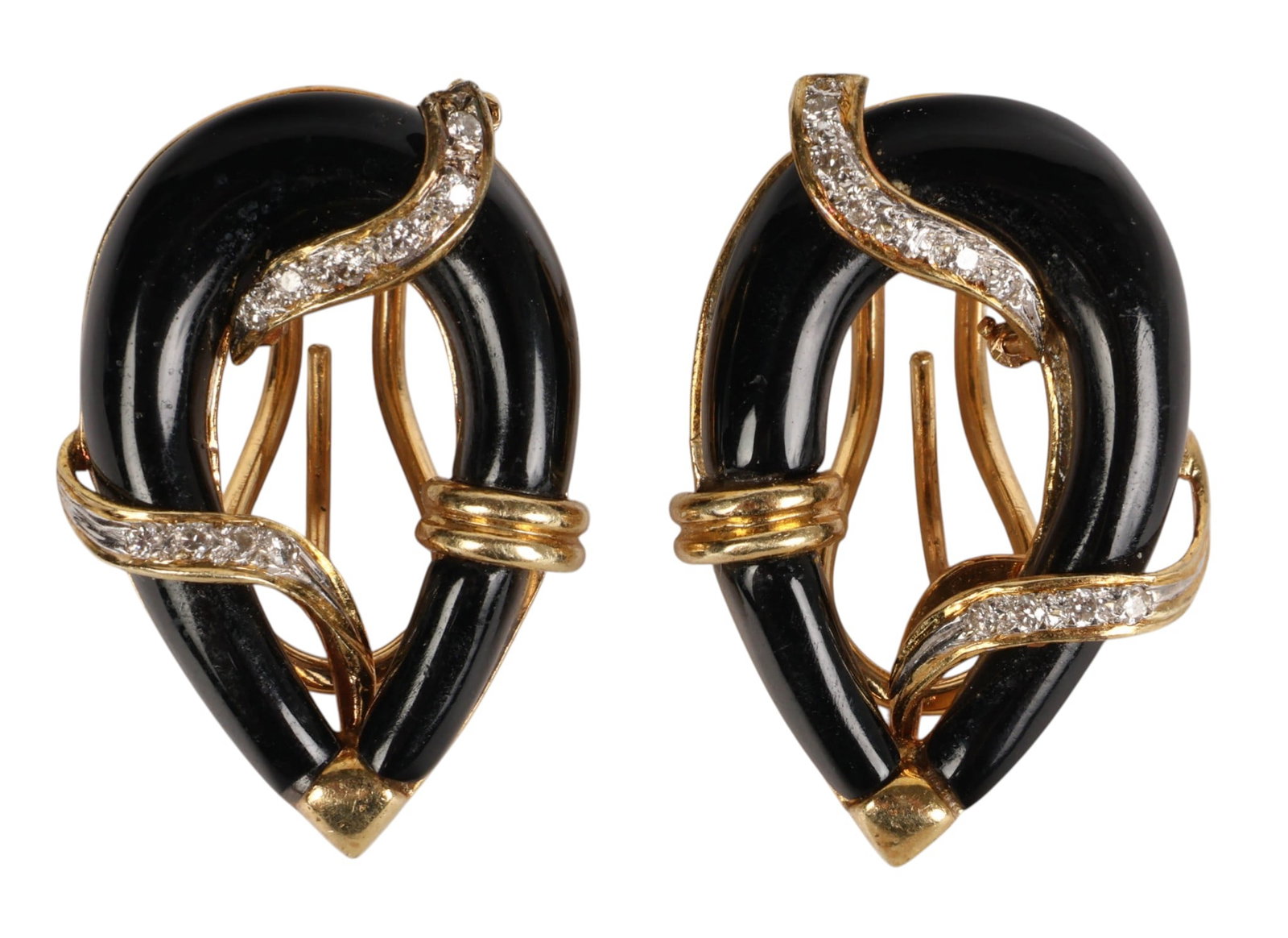 14K Gold Black Onyx & Diamond Teardrop Earrings: 14K yellow gold, a pair of earrings designed in open teardrop form set with curved black onyx inlay accented by a diamond set ribbon motif across the front. Completed with omega style clip backs for p