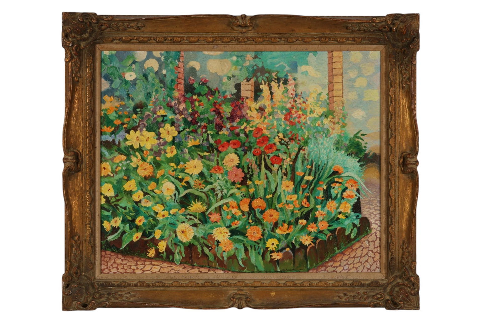 Spring Floral Garden Scene Impasto Painting SIGNED: Oil on canvas, a floral garden scene depicting a lush garden bed filled with yellow, orange, and red blossoms bordered by a stone path and wooden edging with palm trees and sky in the background. Exec