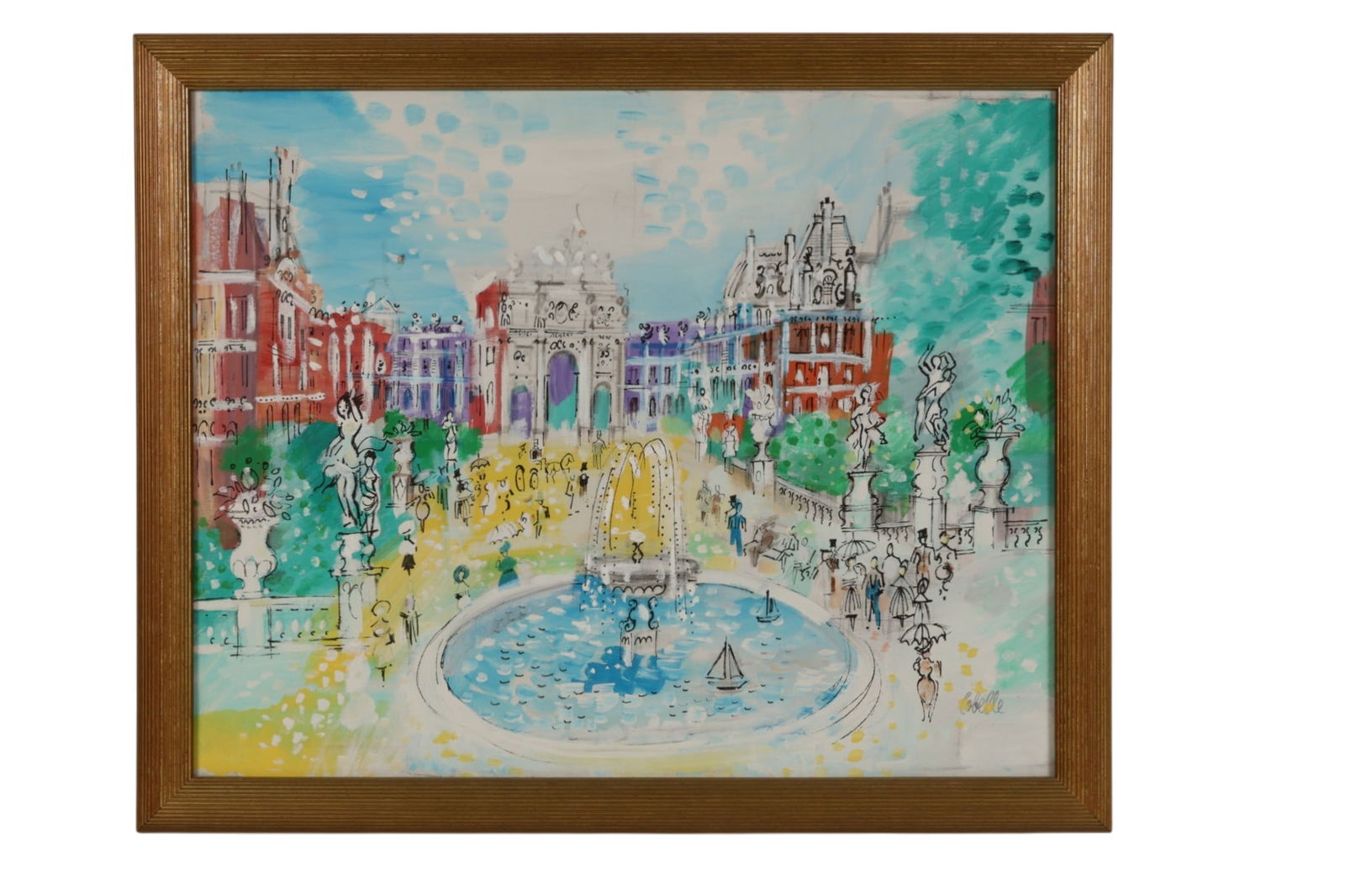 Charles Cobelle 1902-1998 Parisian Scene Painting: Charles Cobelle (French, 1902-1998), an oil on canvas depicting a European city square centered by an ornate fountain, with figures gathered along walkways and architectural facades rising in the back