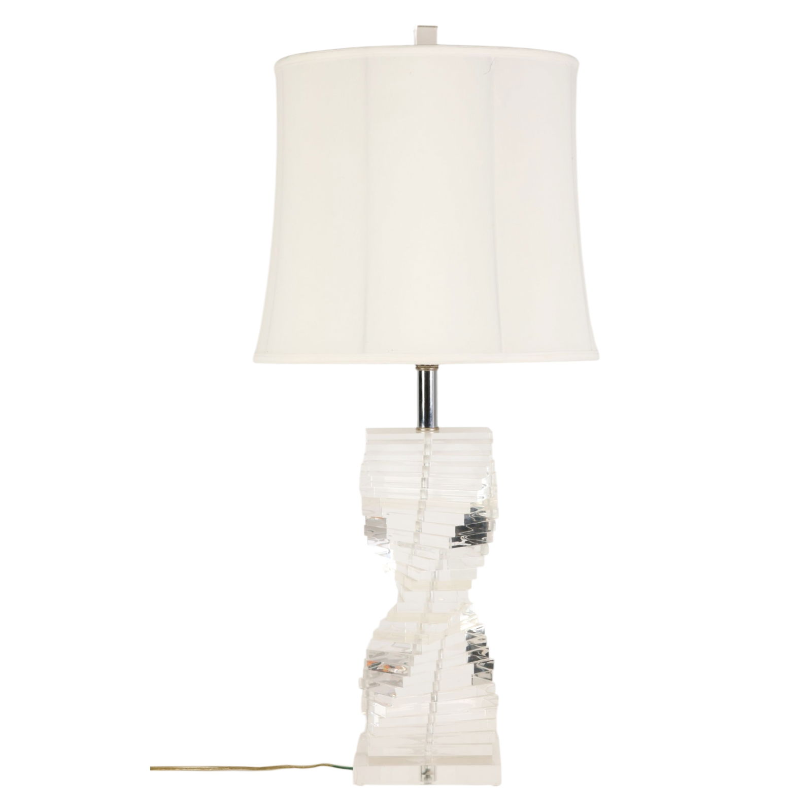 Mid Century Stacked Lucite Spiral Helix Table Lamp: Karl Springer style, a mid century modern clear acrylic desk lamp constructed from stacked lucite panels arranged in a dynamic spiral staircase configuration rising from a square plinth base. The scul