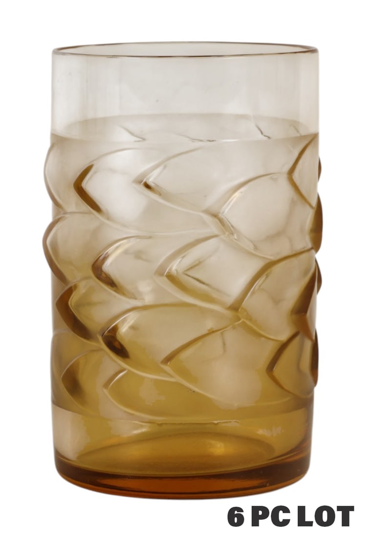 Rene Lalique Art Deco Bahia Amber Glasses 6pc SET: Rene Lalique France, a set of six French crystal iced tea glasses in the Art Deco Bahia pattern, each rendered in a rich amber tone and decorated with a molded fish scale motif characteristic of Laliq