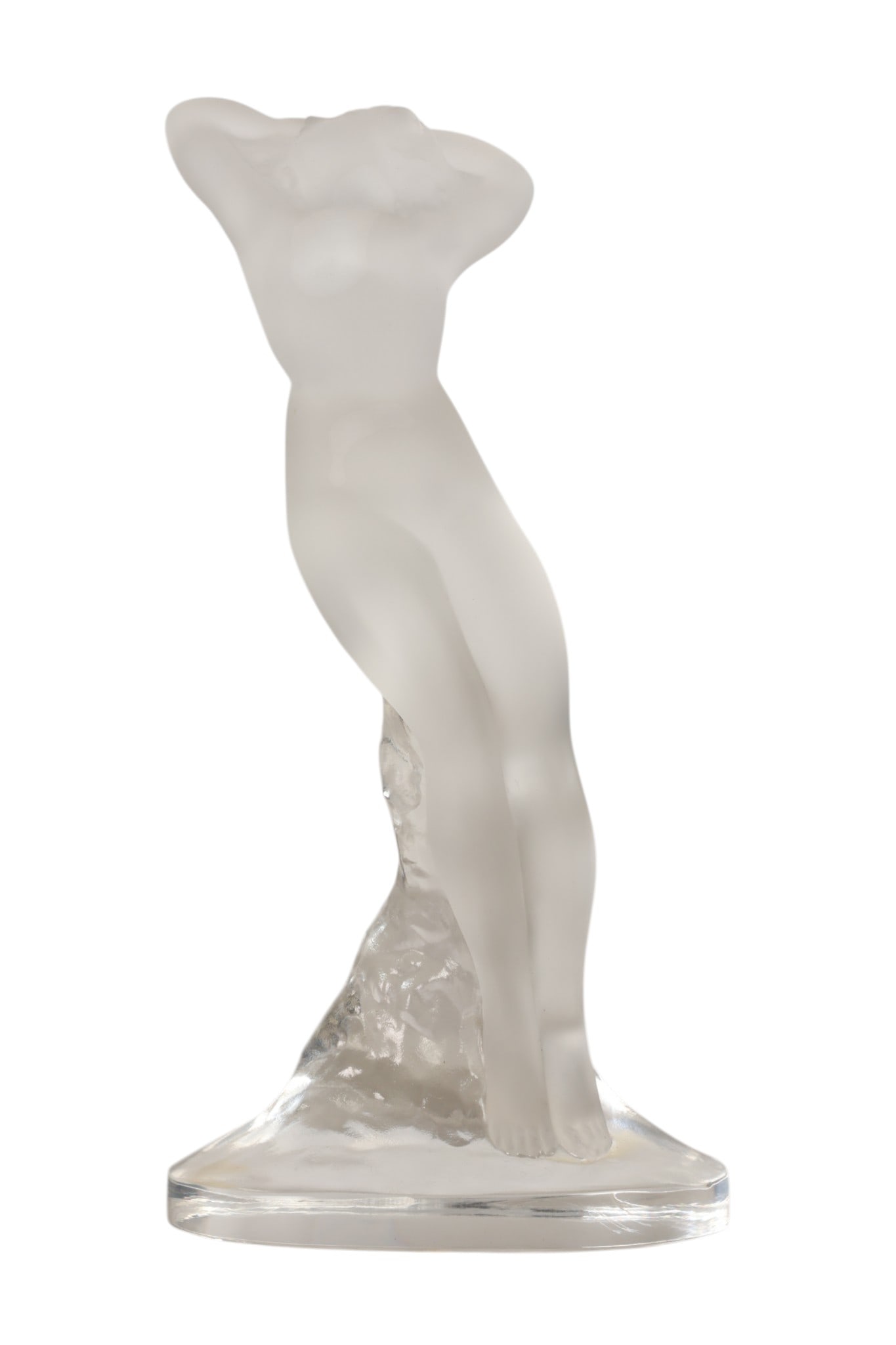Lalique Frosted Crystal Danseuse Art Deco Figurine: Lalique France, Danseuse satin frosted crystal art glass figural sculpture depicting a slender nude female dancer with raised arms standing on an integrated base. The elegant elongated form and softly