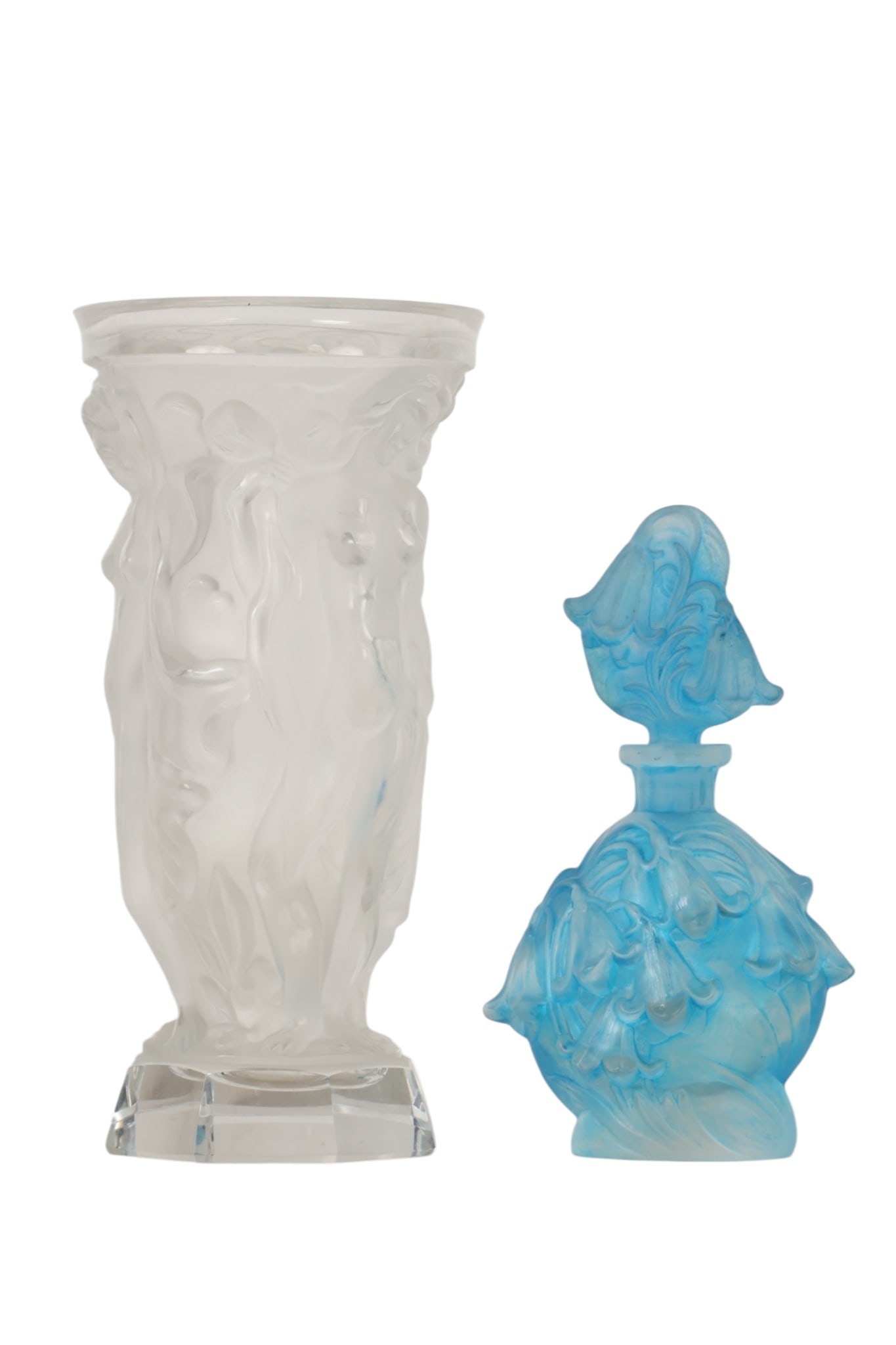 Crystal Vase & Perfume Bottle After R Lalique 2pc: In the manner of R. Lalique, a crystal vase and perfume bottle. The vase is executed in frosted clear molded crystal with relief decoration of female figures and foliage, rising from a faceted octagon