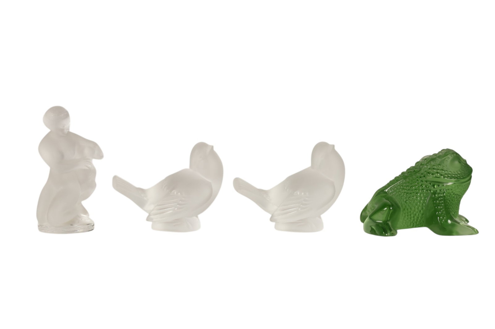 Lalique Diana Sparrows & Toad Crystal Figures LOT: Lalique France, an estate lot of four crystal figural paperweight sculptures comprising a nude Diana the Huntress with fawn, two frosted crystal sparrow figures identified as Moineau Colereux, and a g