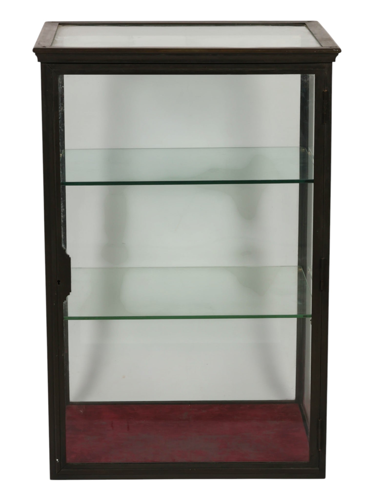 Bronze Glass Table Top Curio Cabinet with Shelves: Bronzed metal and glass table top curio cabinet display case with a hinged glass door and two interior glass shelves. The cabinet features a red felt-lined base. It is suitable for retail display, col