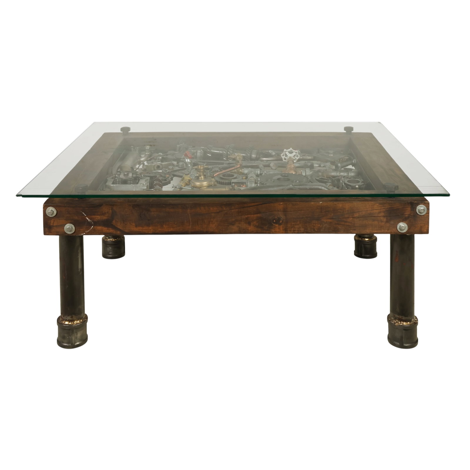 Custom Car Engine Parts Glass Top Coffee Table: Custom made industrial coffee table featuring a glass top over a shadow box display filled with assorted automotive and mechanical parts, including gears, chain, connecting rod, intake manifold marked