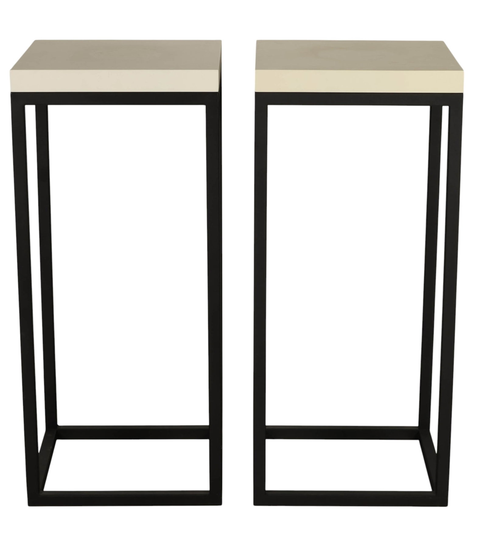 Pair of Artefacto Modern Minimalist Display Stands: Artefacto attributed, a pair of modern architectural art plinth stands each featuring an off white laminated wood square top supported by a black metal frame base. Contemporary pedestal display stands