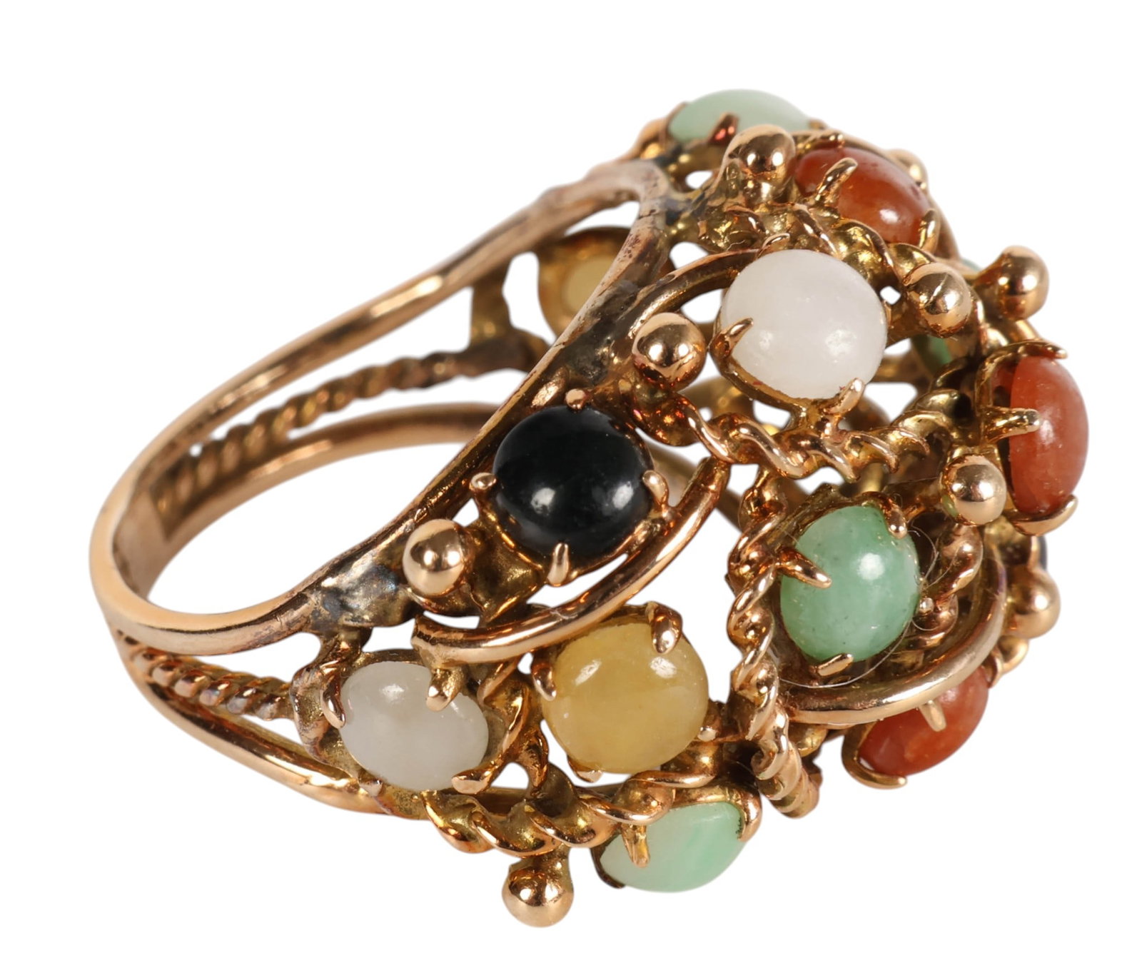 14k Yellow Gold Multi Color Jade Cluster Ring Sz 6: 14k yellow gold, a vintage ring set with multicolored jade cabochons measuring approximately 3 mm each. The openwork design features scrolling gold elements accented by bezel set polished jade stones
