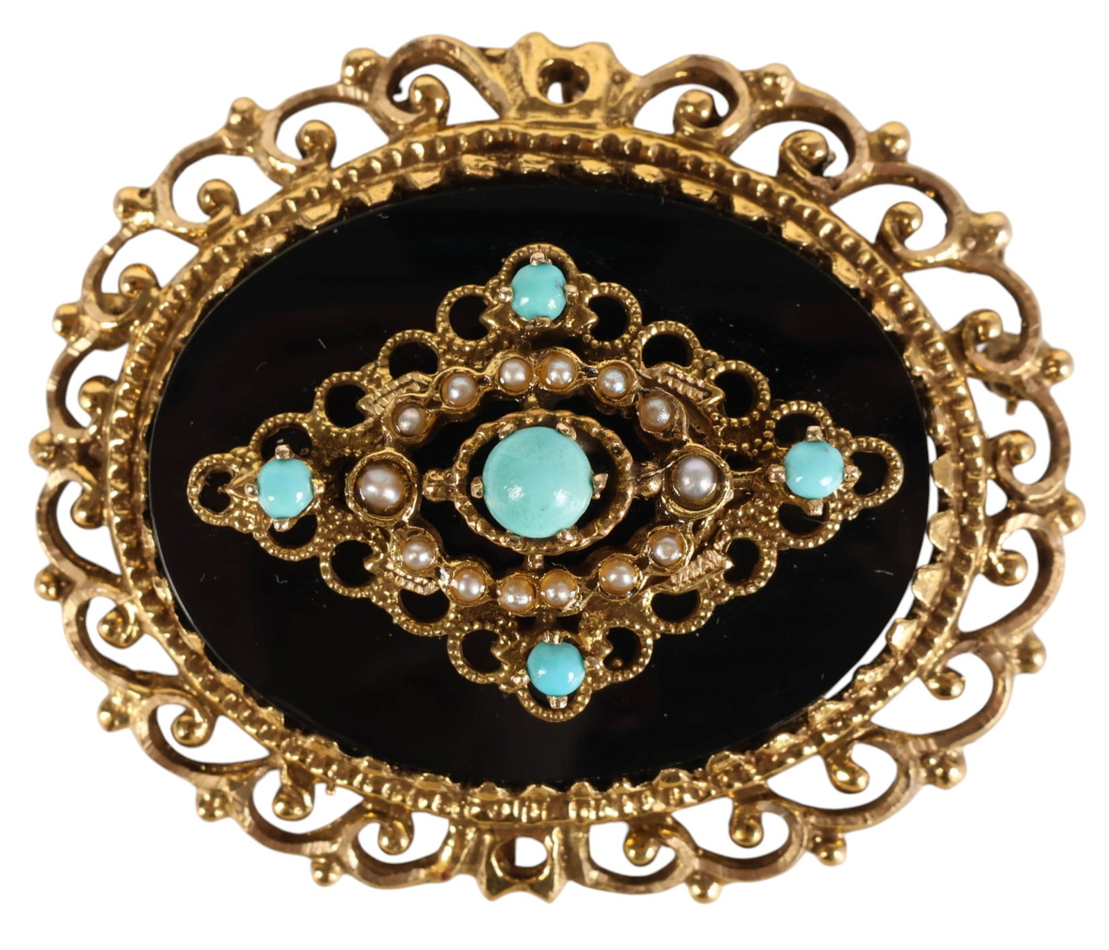 14k Yellow Gold Black Onyx Turquoise Pearl Brooch: 14k yellow gold, an antique brooch featuring an oval polished black onyx plaque mounted within an ornate gold filigree center setting accented with turquoise cabochons and seed pearls. The brooch is f