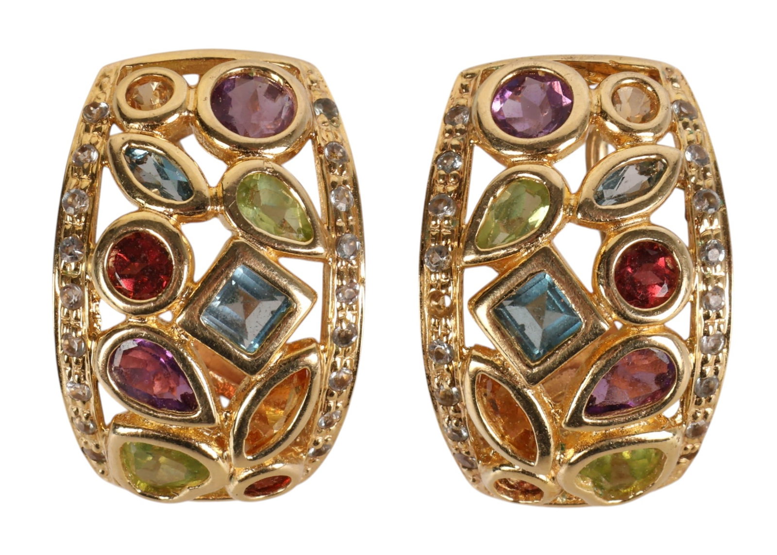 14k Gold Multicolor Gemstone Diamond Earrings 9g: 14K yellow gold, a pair of clip on earrings set with an array of amethyst, garnet, peridot, and blue topaz gemstones in varied shapes including round, pear, marquise, and square cuts. The colorful sto