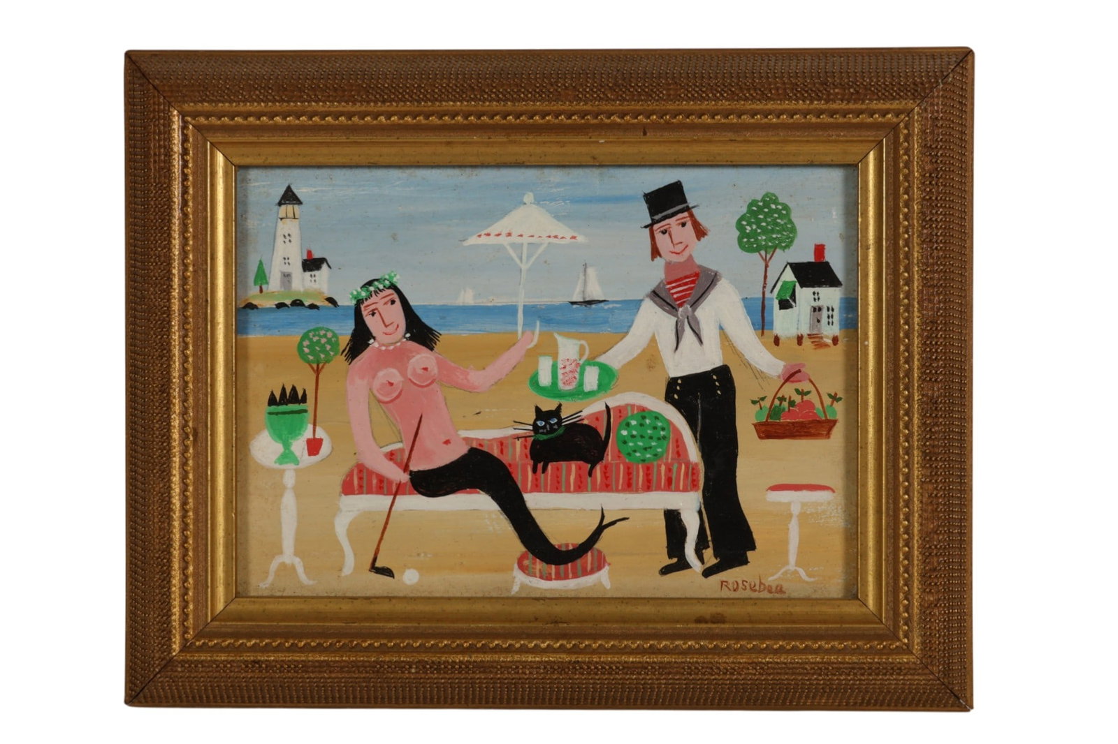 Rosebee 1932-2016 Mermaid Folk Art Oil Painting: Rosebee (Cecelia Surdut, American, 1930-2016), an oil painting on board depicting a whimsical nautical folk art scene with a reclining mermaid upon a chaise lounge accompanied by a black cat and atten