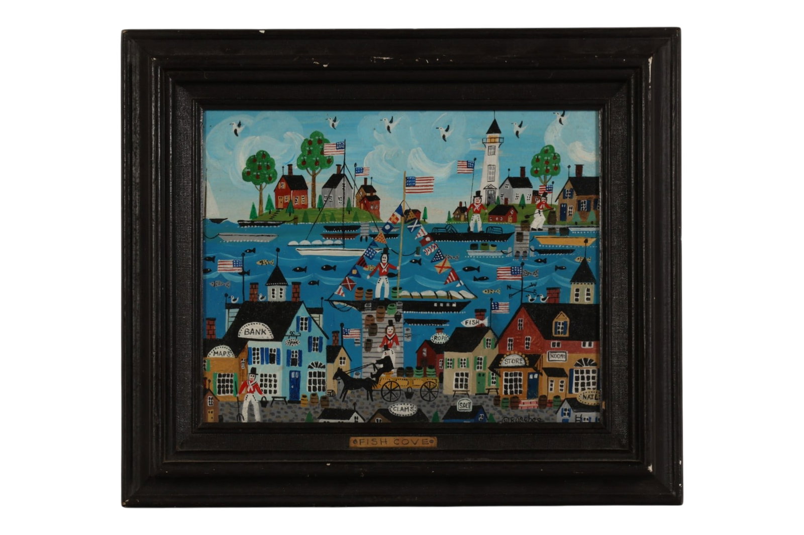 Rosebee 1932-2016 Fish Cove Folk Art Painting: Rosebee (Cecelia Surdut, American, 1930-2016), Fish Cove, a folk oil painting on board depicting a charming harbor village with figures, ships, sailing vessels, and storefront buildings including a ba