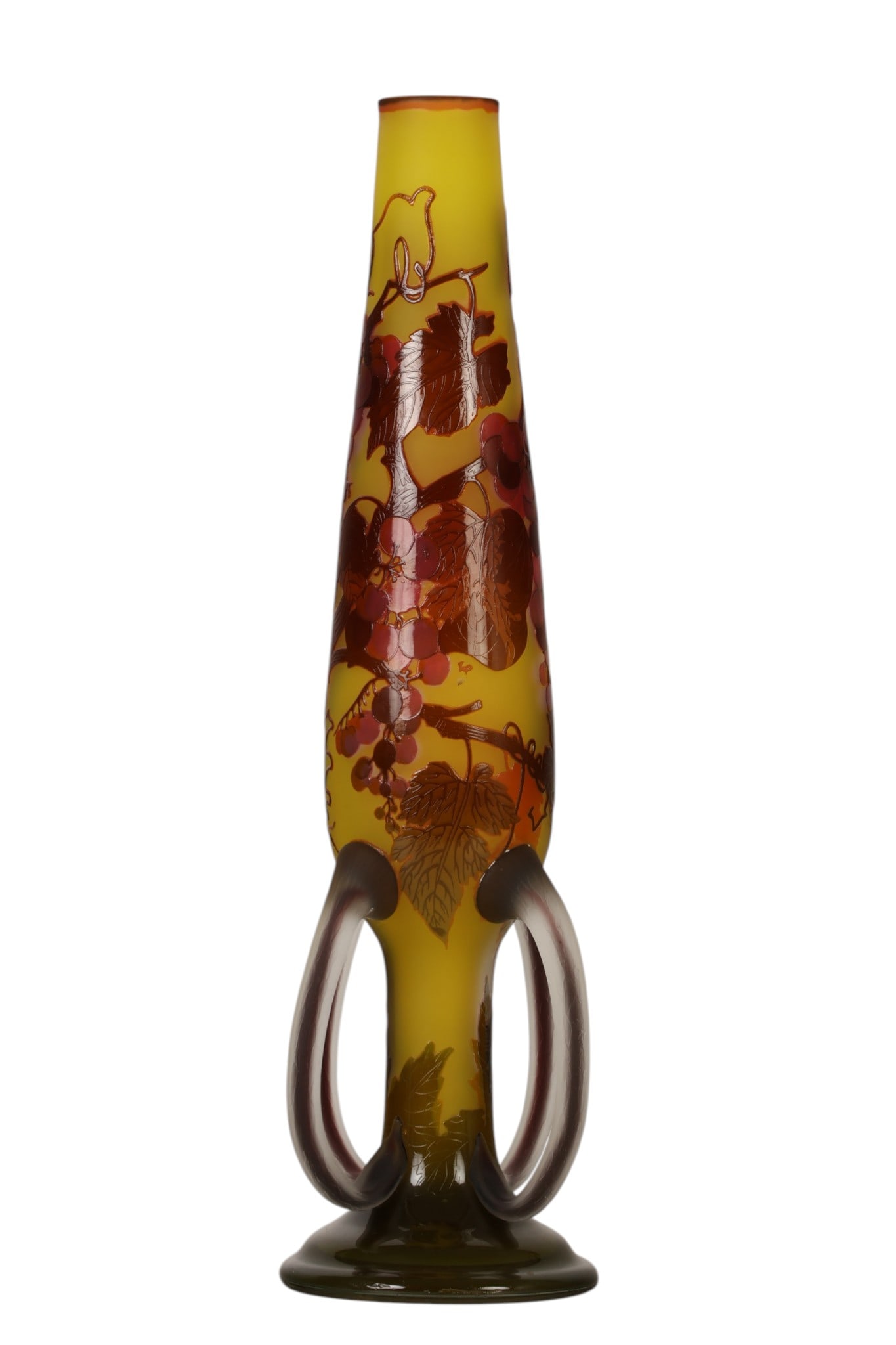 French Grapevine Cameo Art Glass Vase after Galle: After Emile Galle, a French cameo glass vase featuring a cylindrical form with a flared rim and four applied frosted loop handles. The vase is decorated with acid etched grapevines, leaves, and cluste