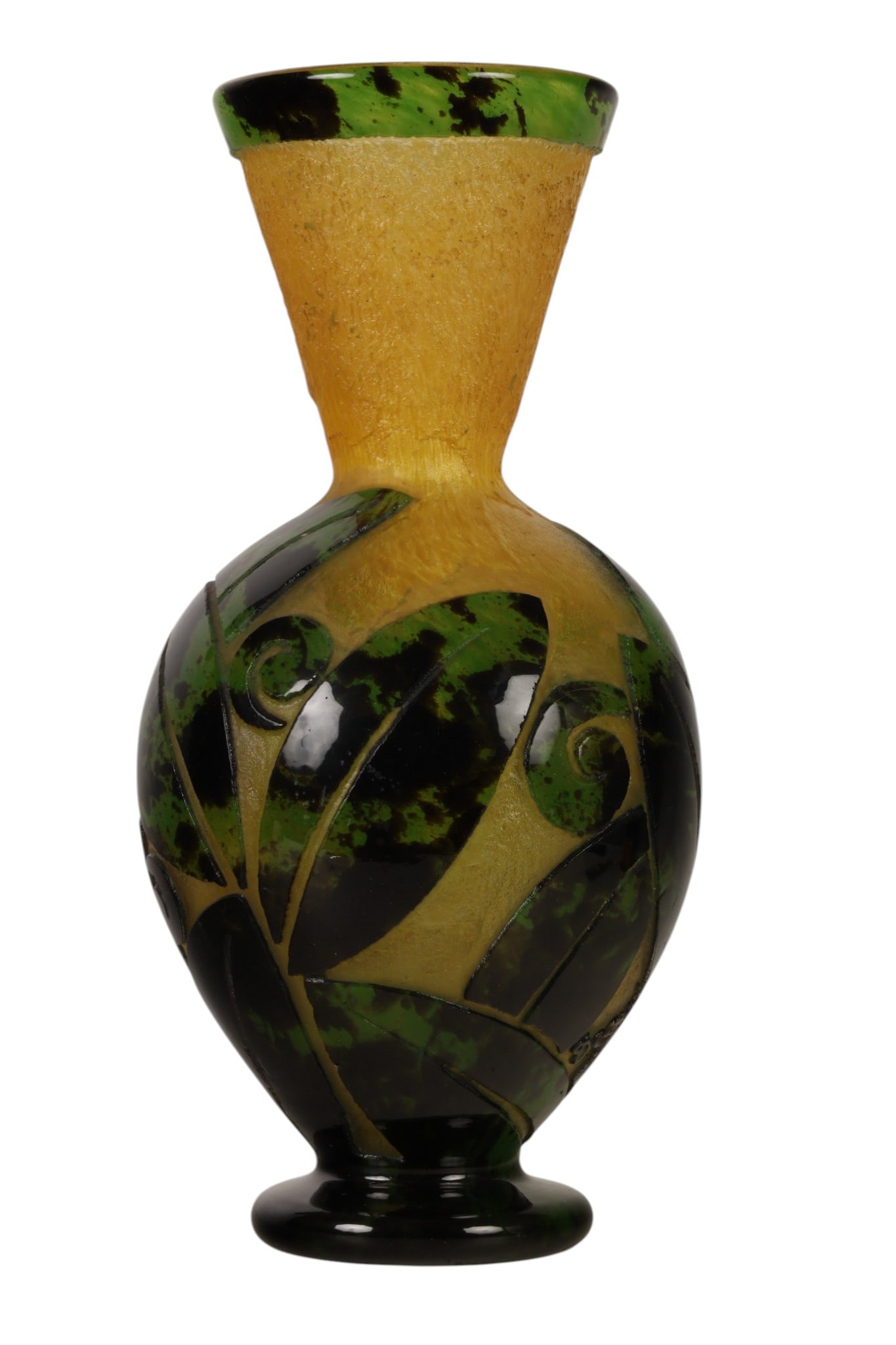 Degue French Cameo Green and Yellow Art Glass Vase: Degue France, a French cameo glass vase of baluster form with flared neck and circular foot. The vase features acid cut decoration with scrolling leaf motifs over a mottled green and black ground with
