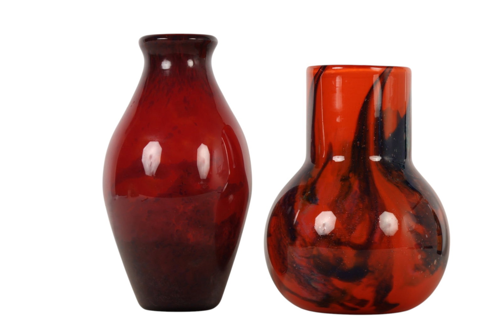 Daum Nancy & Muller Freres Art Glass Vase 2pc LOT: Daum Nancy and Muller Freres Luneville, a lot of two French art glass vases comprising one Daum Nancy example of bulbous form with short cylindrical neck executed in orange tone glass with internal ma