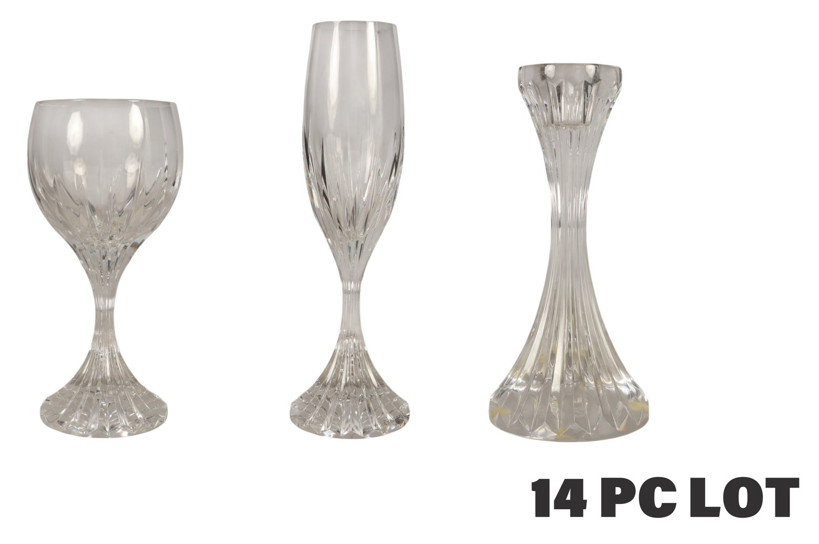 Baccarat Massena French Crystal Service 14pc LOT: Baccarat France, a Massena pattern crystal service comprising fourteen pieces including six fluted champagne glasses (8.75" x 3"), six water goblets (7" x 3.25"), and one pair of light candlesticks (6