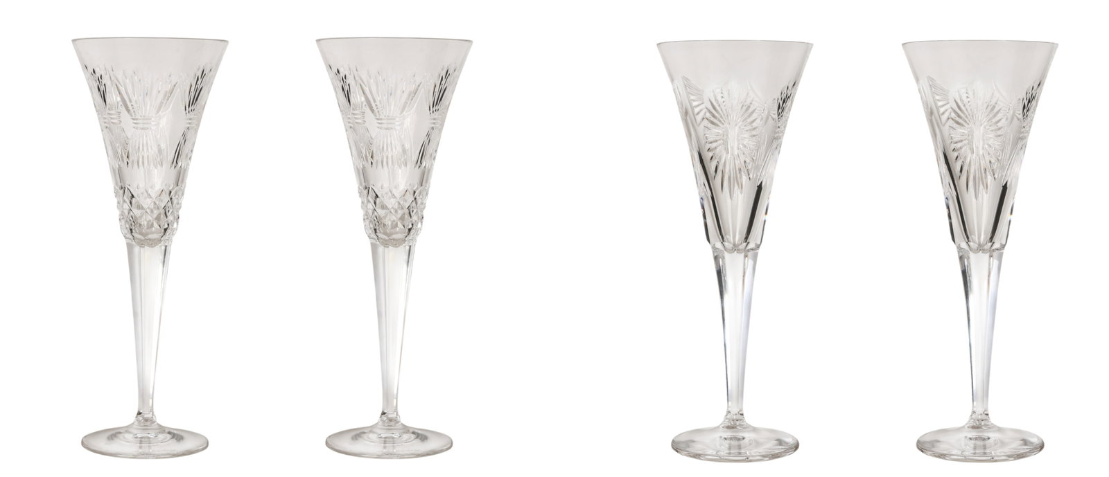 Waterford Millennium Champagne Flutes 4pc SIGNED: Waterford Crystal, a lot of four clear crystal champagne goblets in the Millennium pattern produced between 1996 and 2005. Two examples feature the Prosperity design, while two incorporate all five of