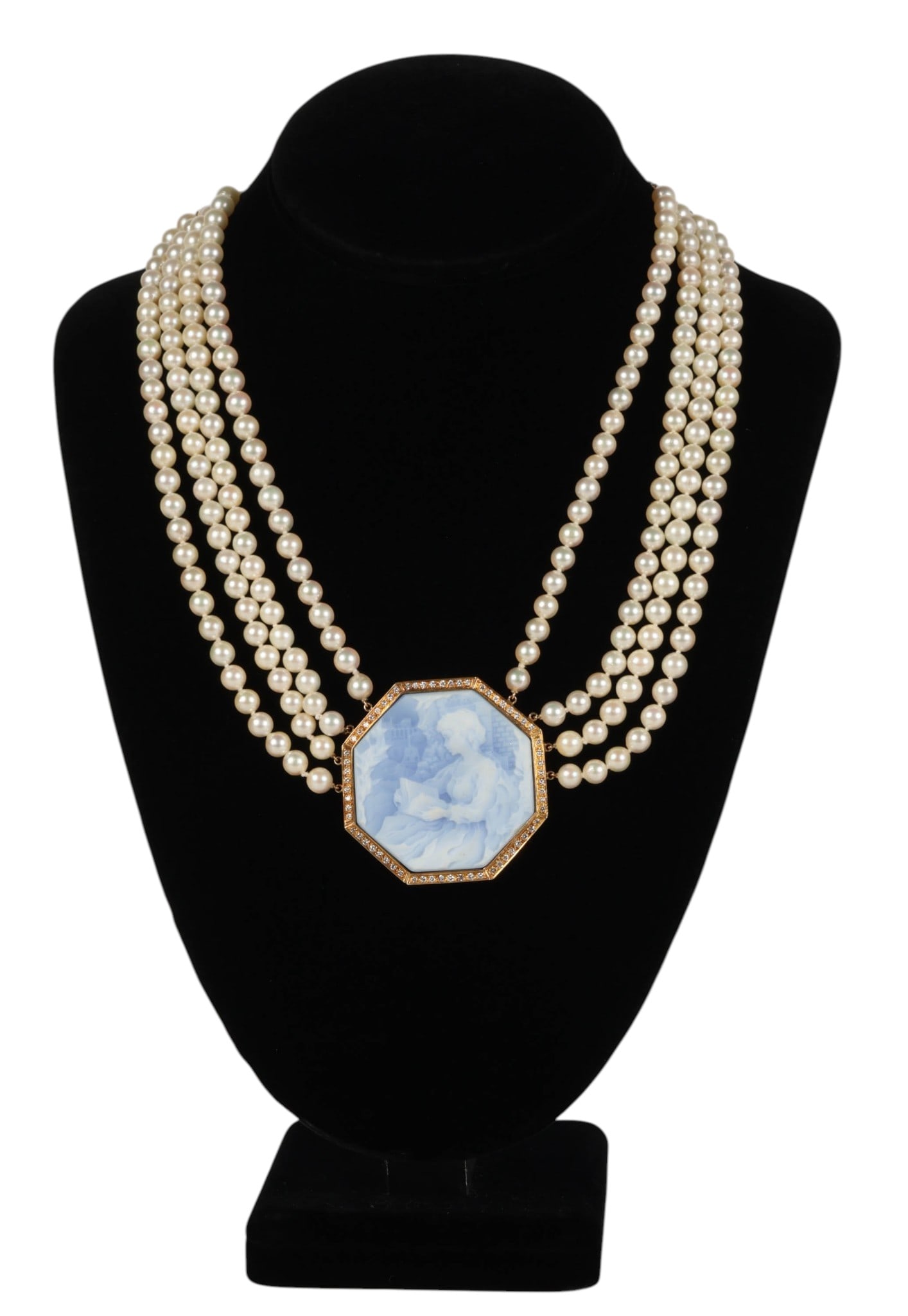 14k Gold Pearl Diamond and Cameo Necklace 83.3g: Victorian inspired triple strand pearl necklace featuring a central octagonal blue and white agate cameo pendant depicting a classical female figure reading a book in profile. The pendant is mounted i