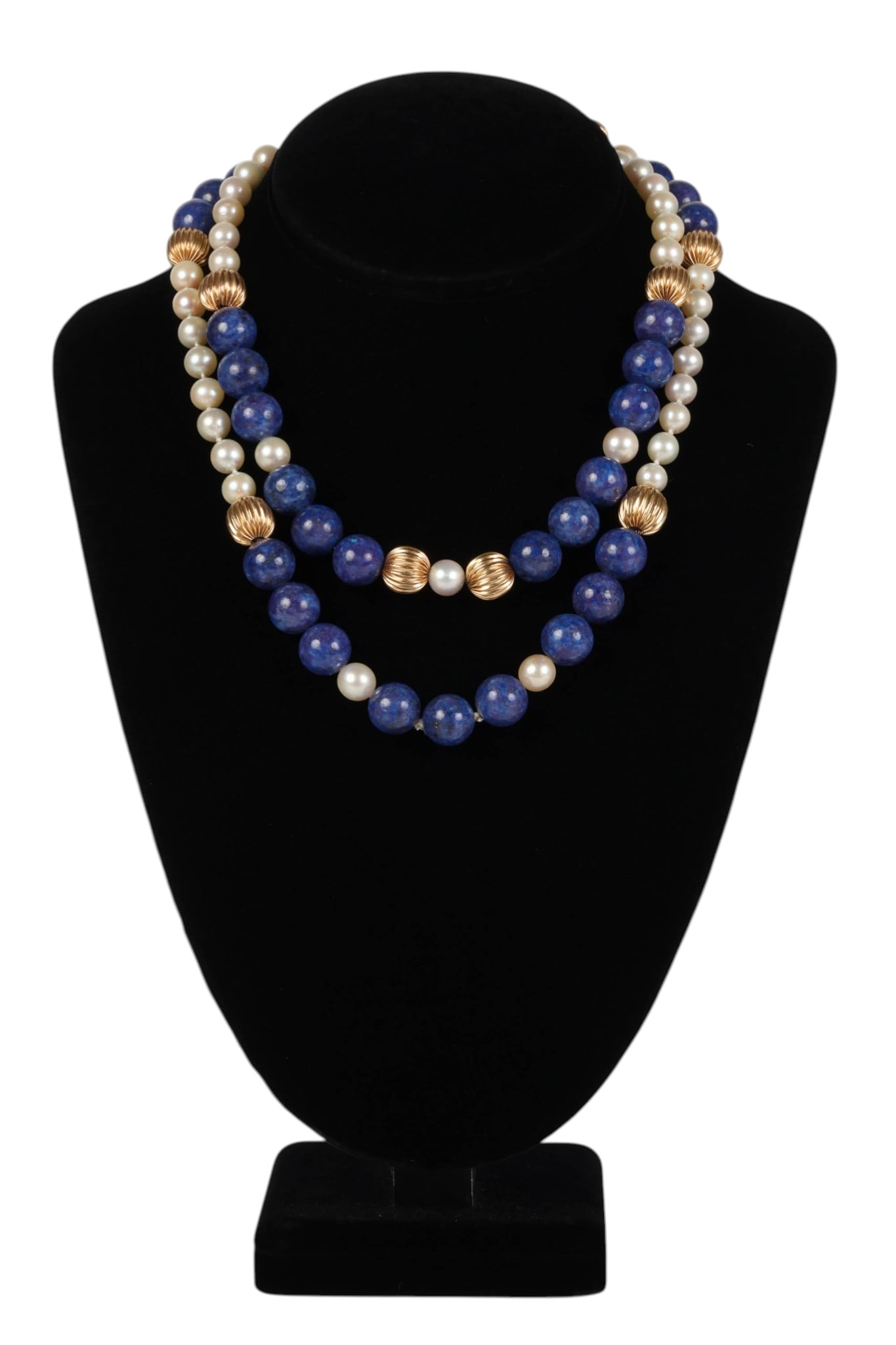 Akoya Pearl Lapis Lazuli & Gold Bead Necklace 120g: Vintage beaded necklace featuring saltwater cultured Akoya pearls, lapis lazuli, and 14K yellow gold beads. The design is composed of alternating strands of cultured pearls measuring approximately 7.7