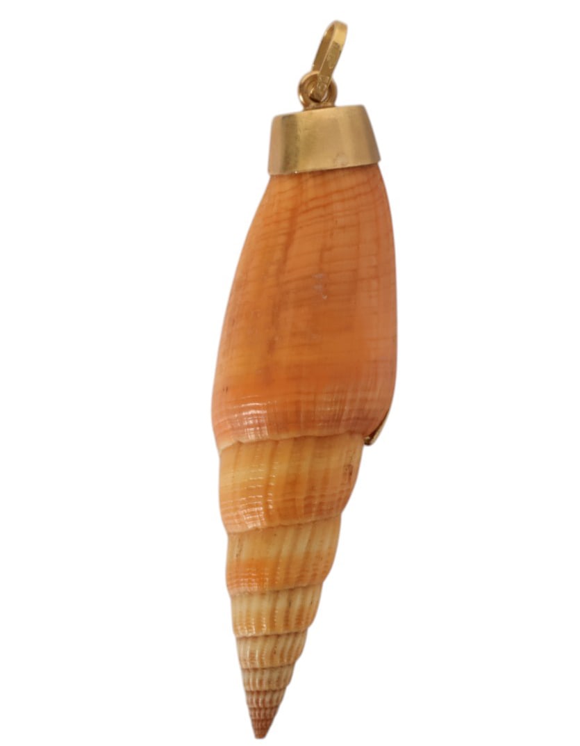 18k Yellow Gold Mounted Organic Sea Shell Pendant: 18K gold, a mounted shell pendant featuring an elongated seashell measuring approximately 3" x 0.5" x 0.5" set with a yellow 18K gold mount. Bail stamped 750 with approximately 3.5 mm opening. Combine
