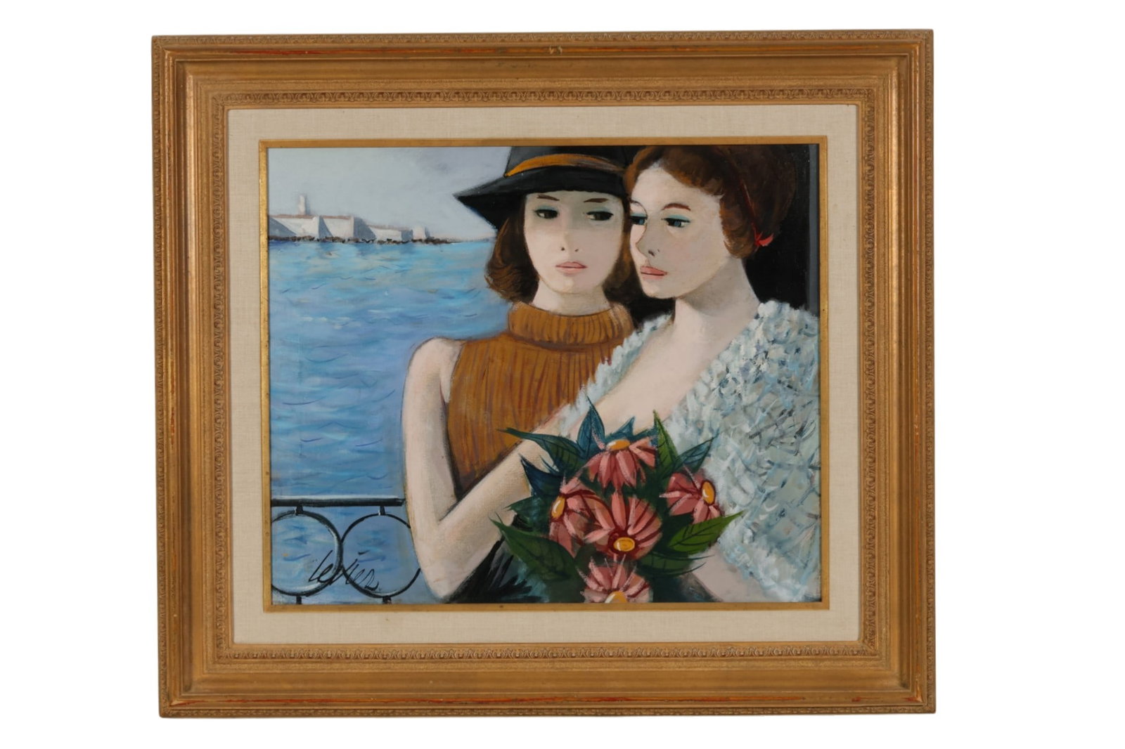 Charles Levier 1920-2003 Two Cafe Girls Painting: Charles Levier (French, 1920-2003), Aux Deux, an oil on canvas depicting two female figures standing before a waterfront with sailboats visible in the distance. One figure wears a hat and sleeveless t