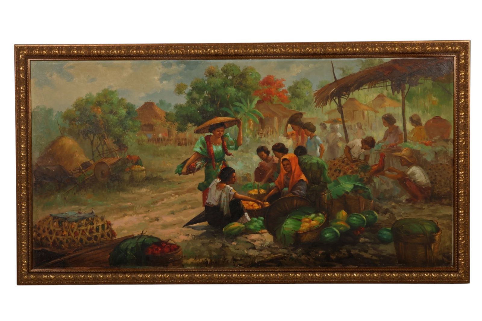 Oscar T Navarro 1921-1973 Village Scene Painting: Oscar T. Navarro (Philippines, 1921-1973), an oil on canvas mounted on board depicting a village market scene with figures gathered around baskets of produce, huts, and trees in the background. Execut