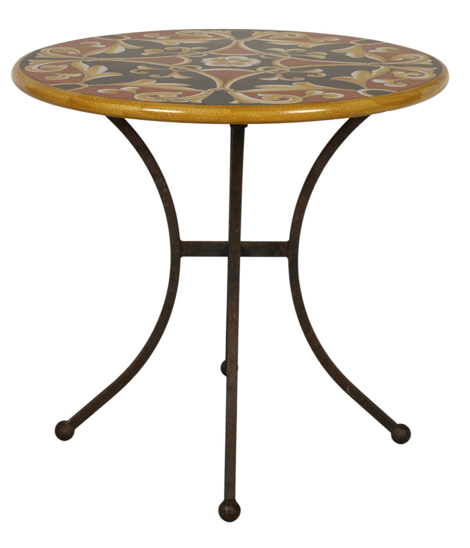 L'Antica Deruta Painted Pottery Round Garden Table: L'Antica Deruta, an Italian stoneware pottery round garden table featuring a hand painted scroll and floral motif rendered in black, rust, cream, and yellow tones. The decorative surface reflects the