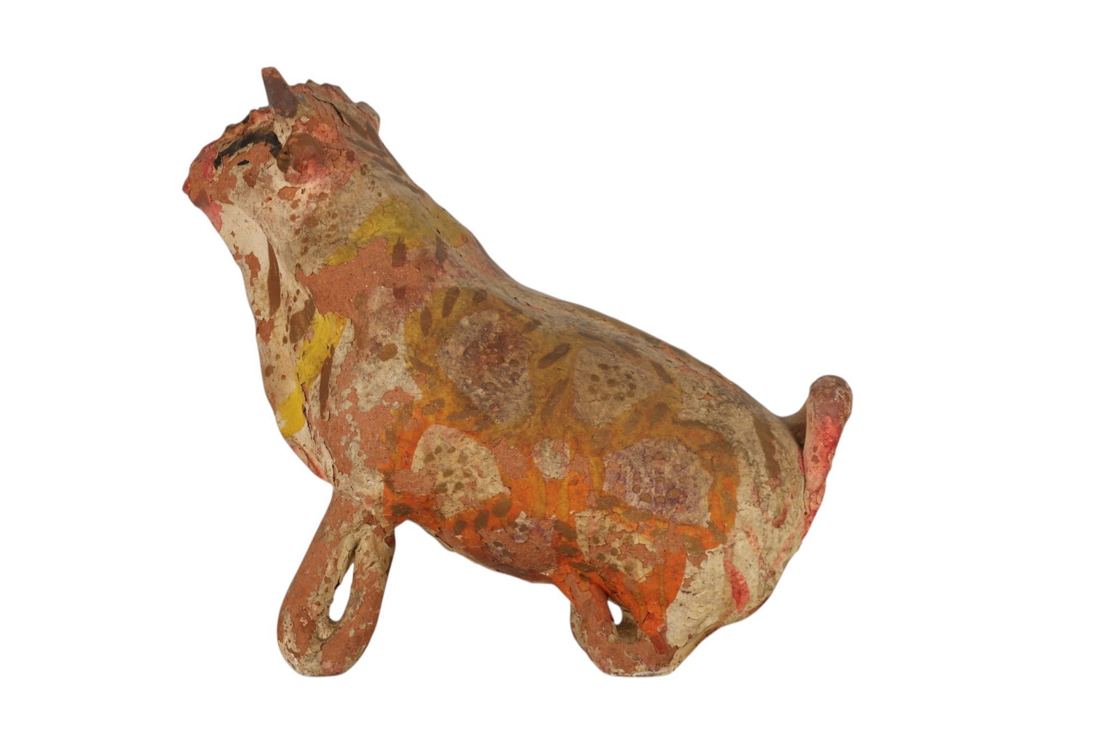 Antique Folk Art Terracotta Pottery Bull Sculpture: Antique hand painted rustic aesthetic pottery figurine modeled in the form of a bull, featuring stylized decorative motifs and patterned ornamentation across the body. The figure displays a matte surf