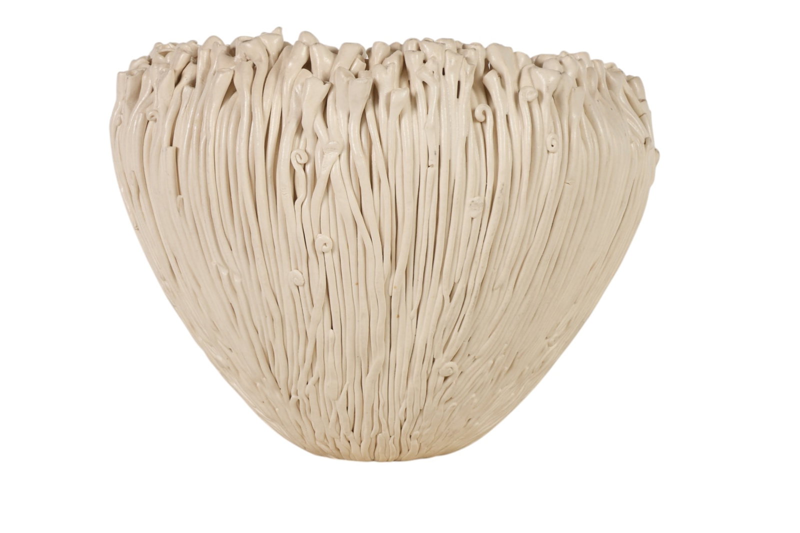Sculptural Ceramic Anemone Vessel Bowl Signed 10": Studio Artisan, a hand crafted ceramic bowl featuring a textured organic surface composed of applied tubular and trailing elements forming a coral anemone style inspired shape. The sculptural form is