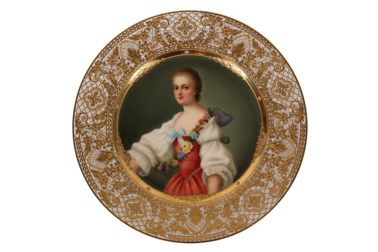 20C Royal Vienna Style Porcelain Portrait Plate: Royal Vienna style, a 20th century porcelain cabinet plate titled Luise de Lorraine featuring a central hand painted portrait of a female sitter after an 18th century subject. The plate is decorated w